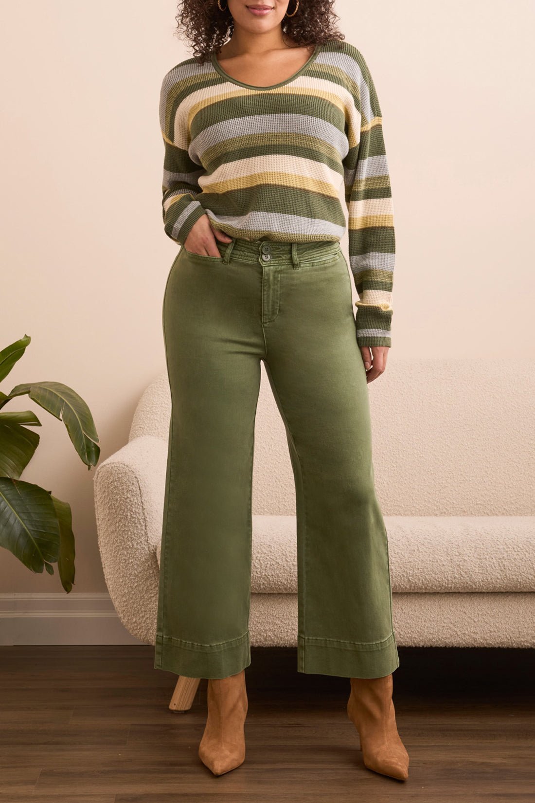High Rise Fly Front Palazzo - Chive Pants Tribal