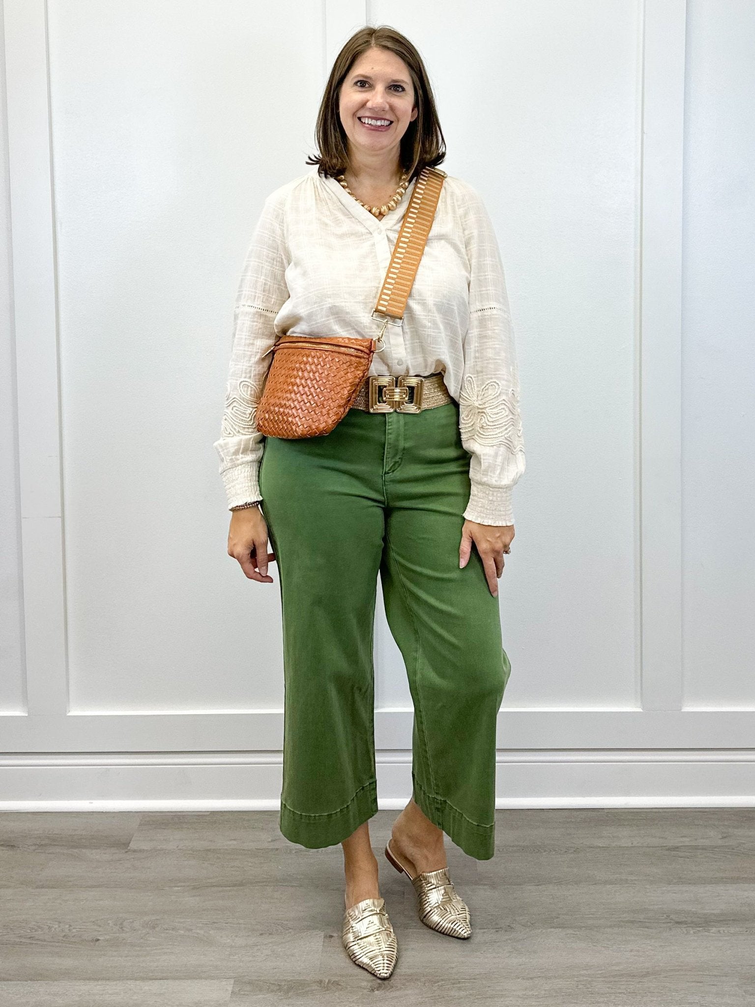 High Rise Fly Front Palazzo - Chive Pants Tribal