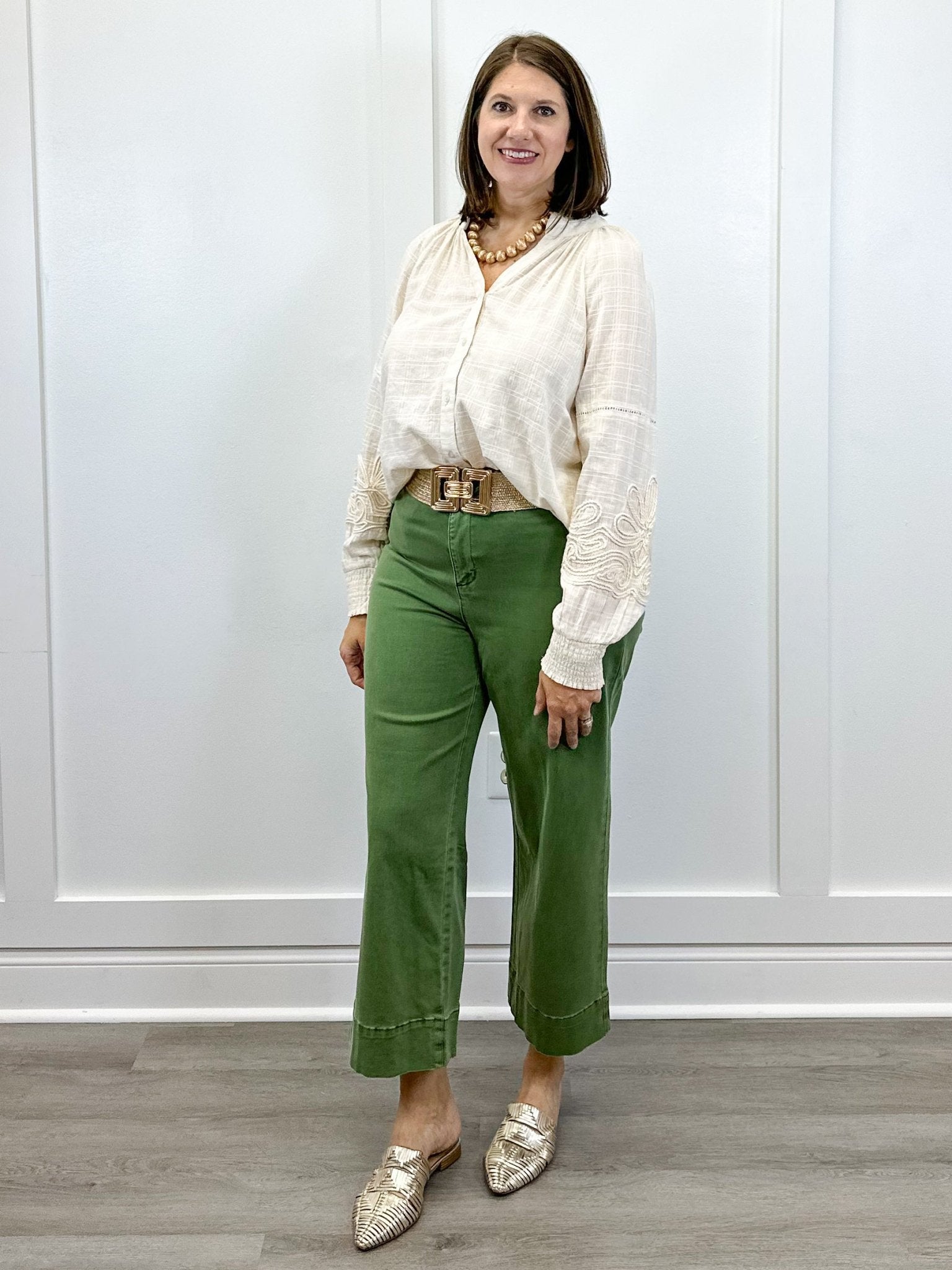 High Rise Fly Front Palazzo - Chive Pants Tribal