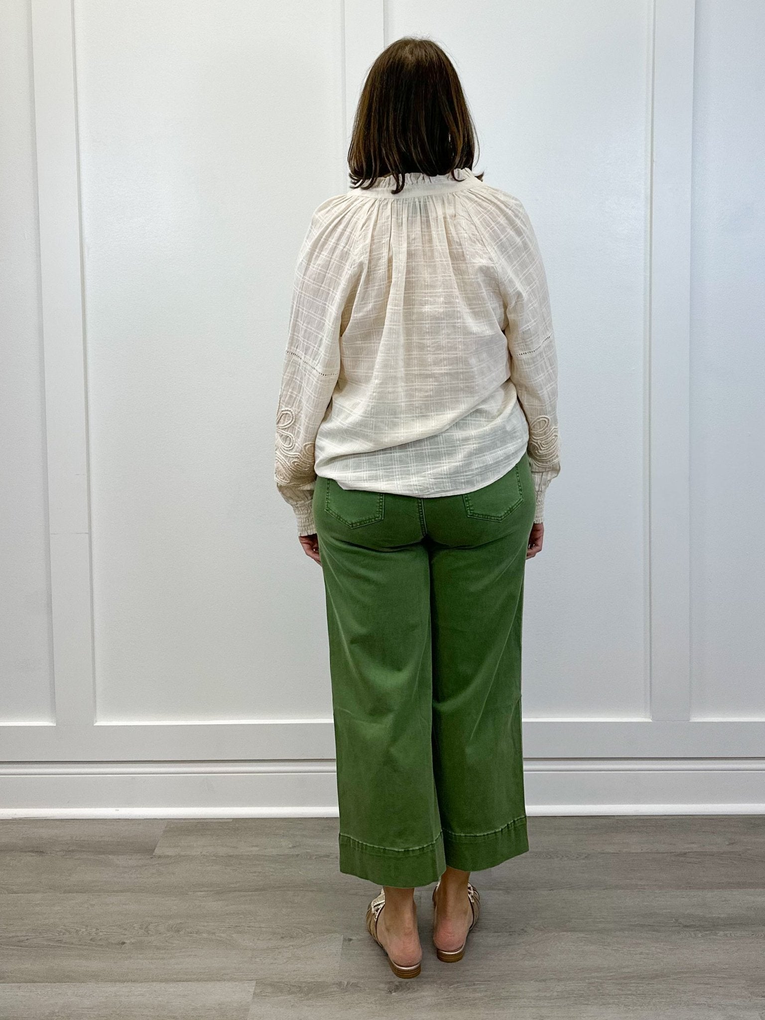High Rise Fly Front Palazzo - Chive Pants Tribal