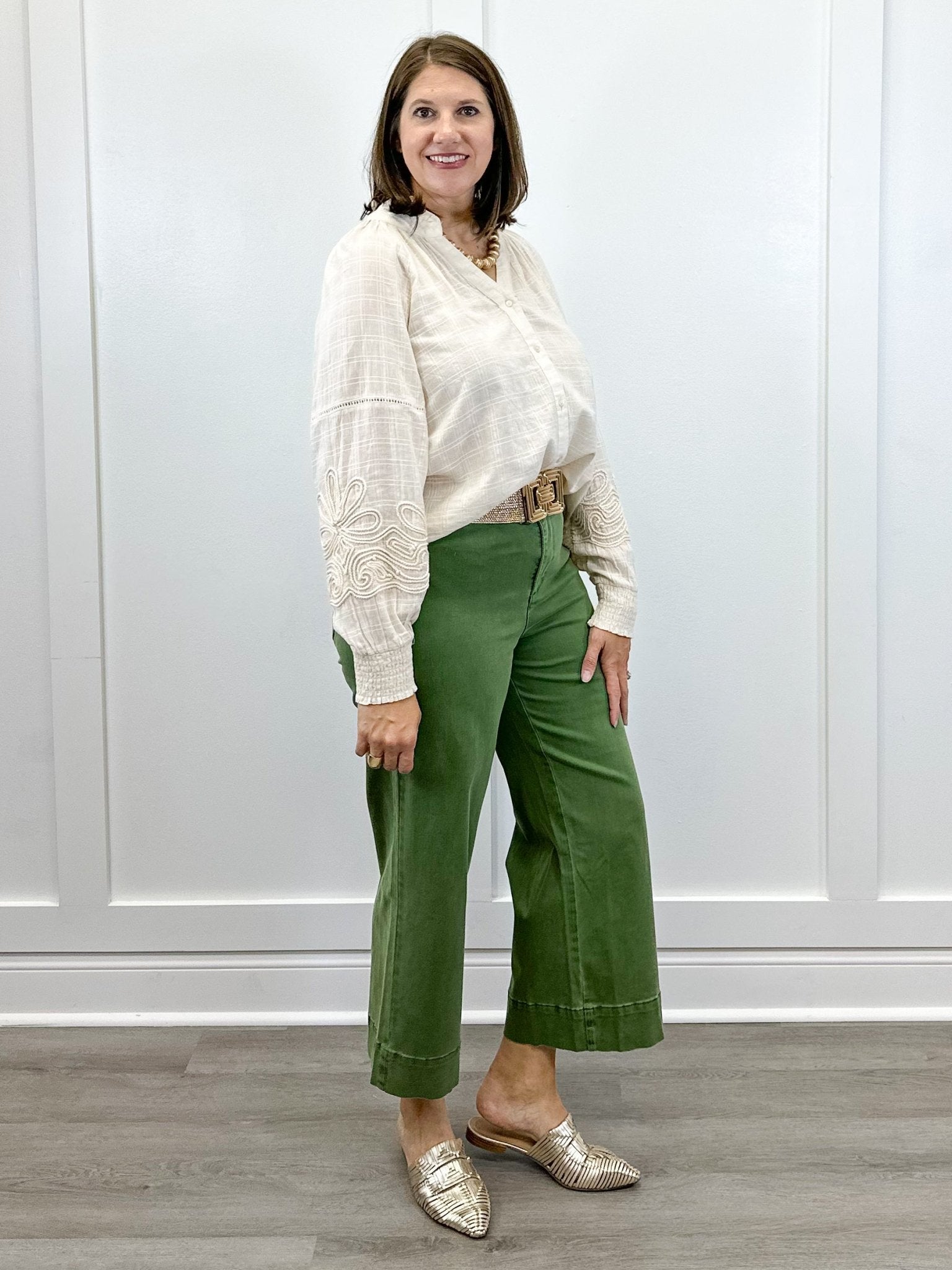 High Rise Fly Front Palazzo - Chive Pants Tribal