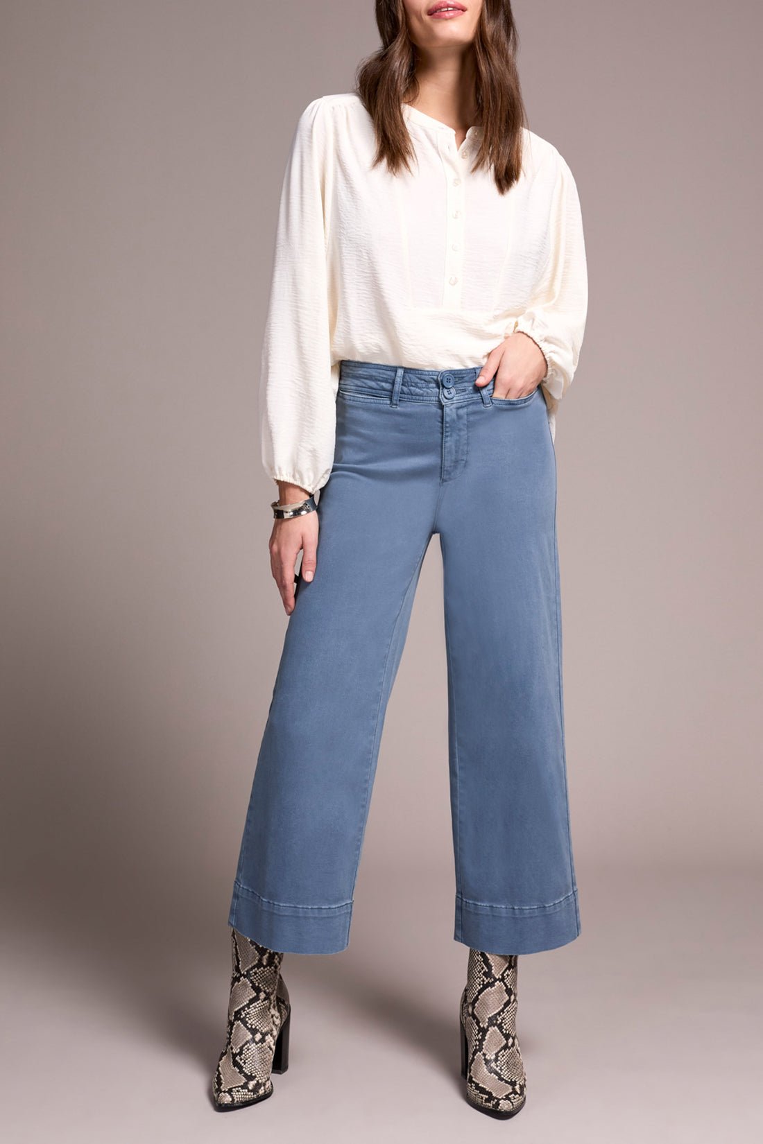 High Rise Fly Front Palazzo - Slate Blue Pants Tribal