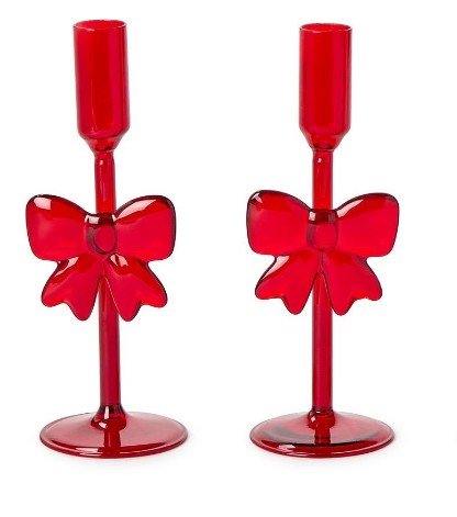 Holiday Bows Hand Crafted Taper Candleholders - Assorted Seasonal Two's Company Red