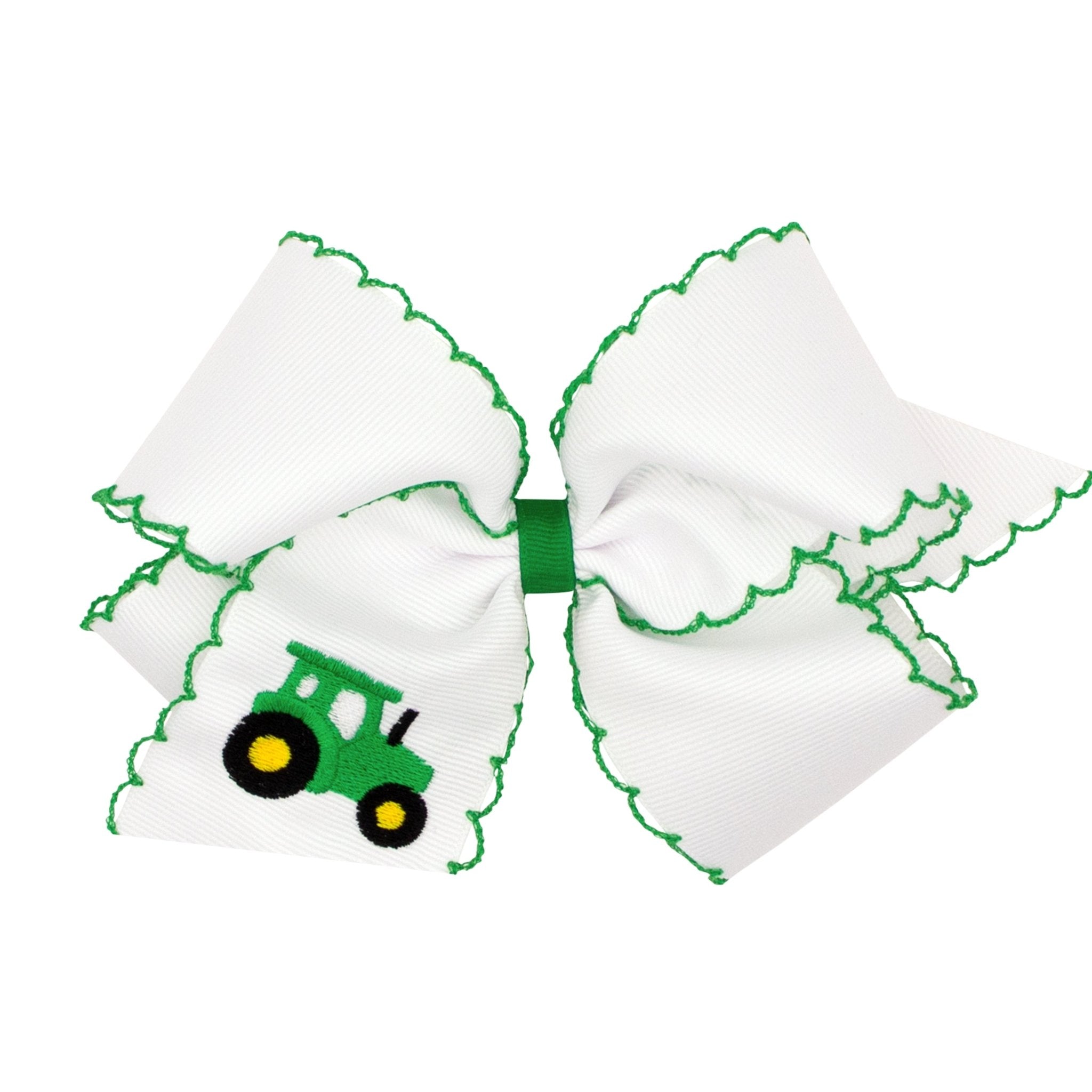King Grosgrain Hair Bow with Moonstitch Edge and Farm Embroidery - Green Tractor Kids Hair Accessories Wee Ones