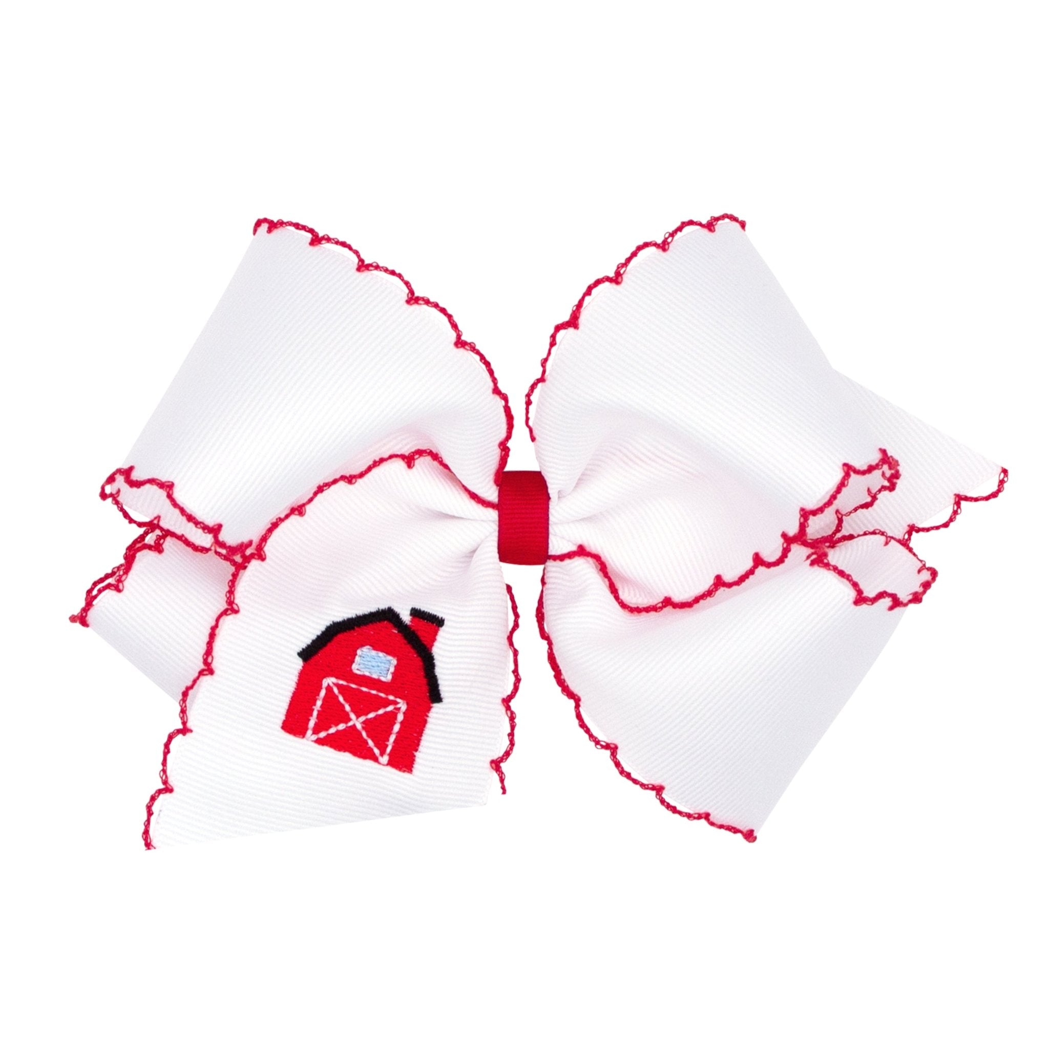 King Grosgrain Hair Bow with Moonstitch Edge and Farm Embroidery - Red Barn Kids Hair Accessories Wee Ones