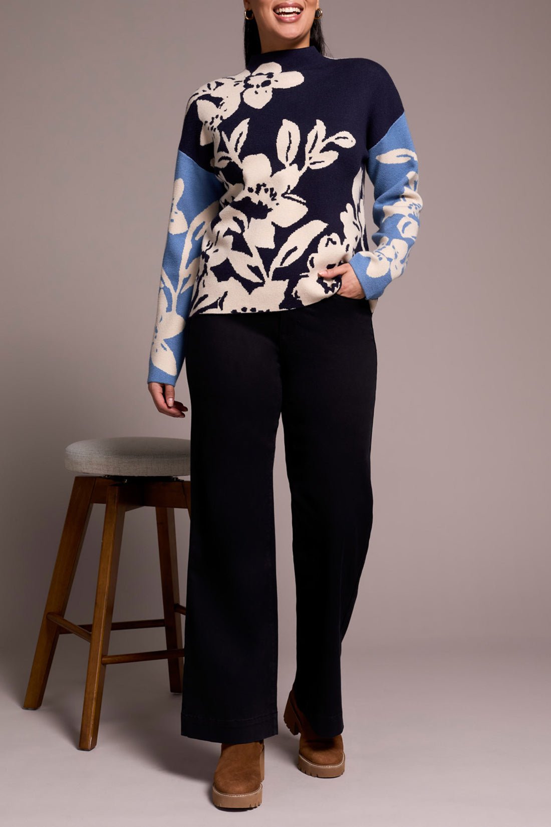 Knit Jacquard Funnel Neck Sweater - Sapphire Sweaters Tribal