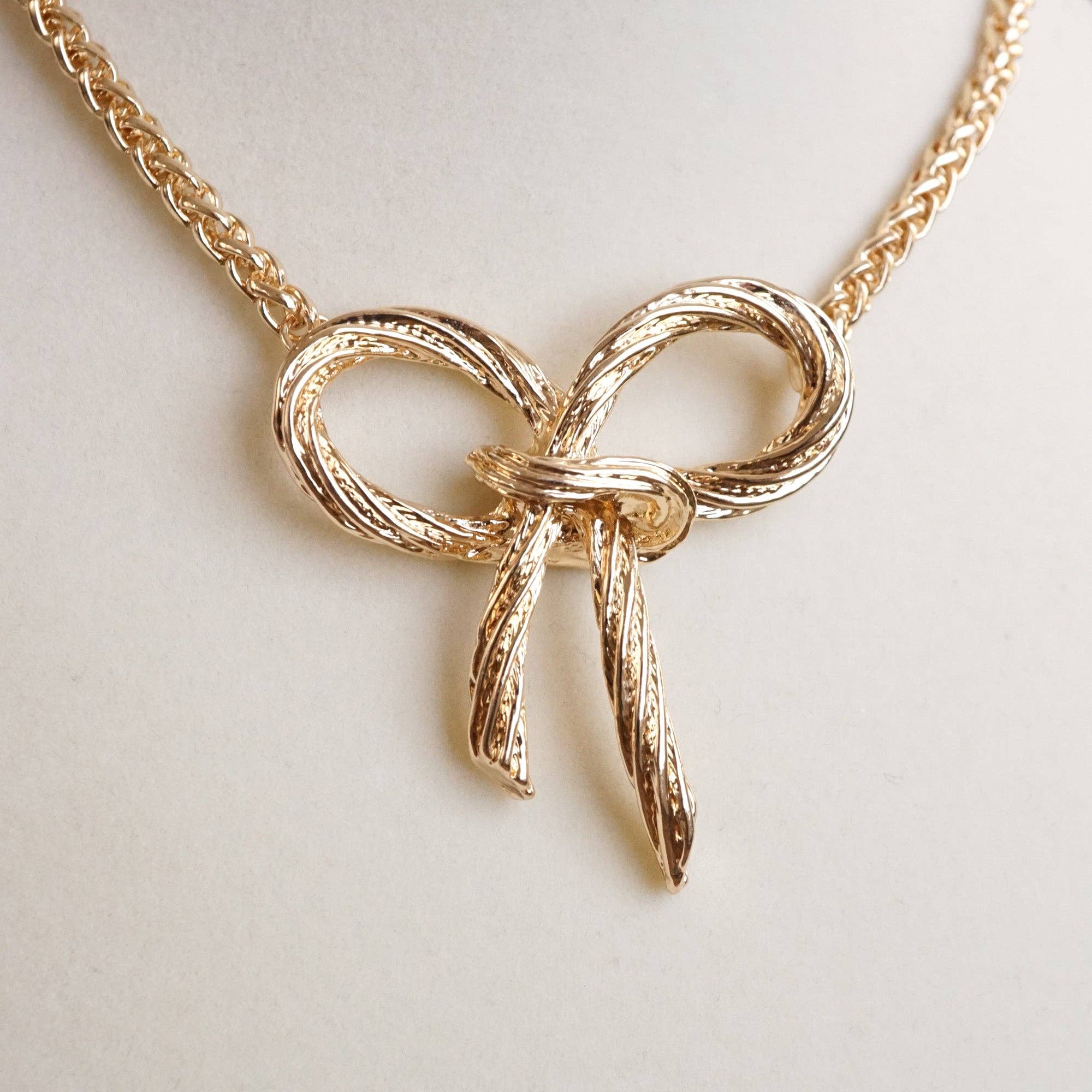 Large Rope Textured Bow Pendant Statement Necklace - Gold Necklaces PennyLine inc