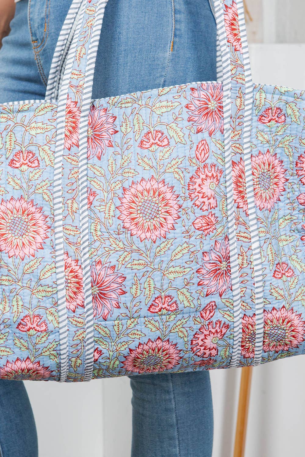 Light Blue Floral Quilted Tote Bag Purses + Totes LA Soul