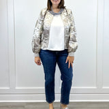 Long Puff Sleeve Floral Metallic Jacquard Bomber Jacket - Silver Outerwear VOY