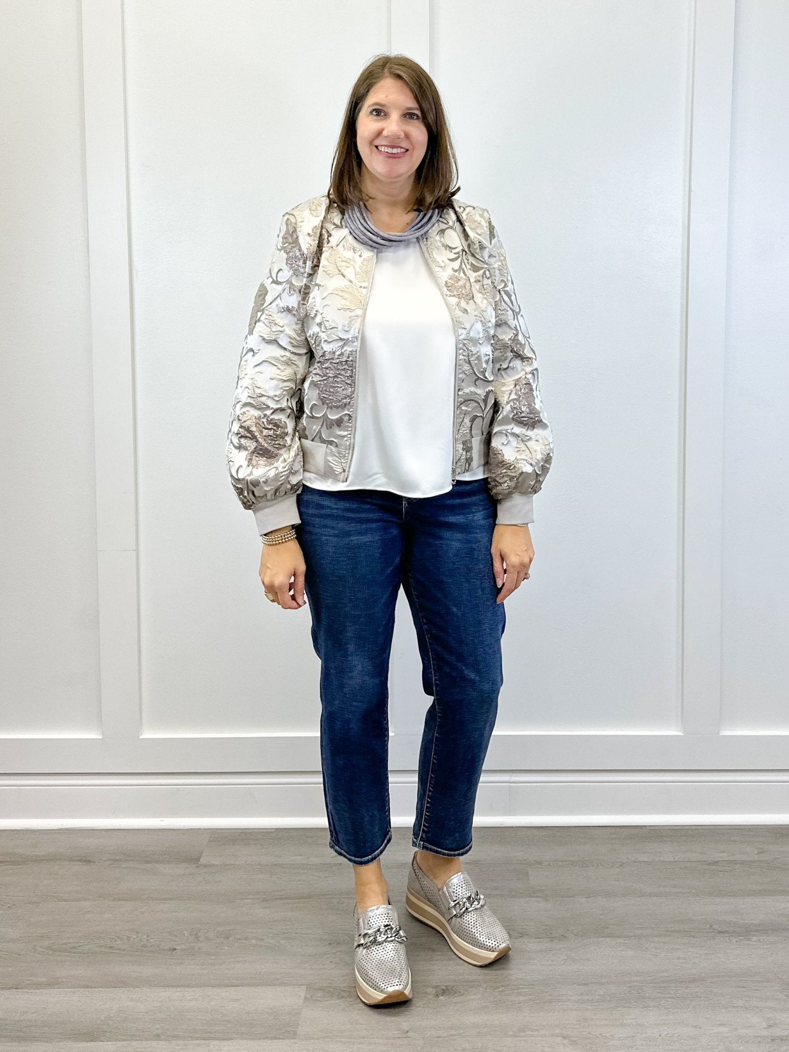 Long Puff Sleeve Floral Metallic Jacquard Bomber Jacket - Silver Outerwear VOY