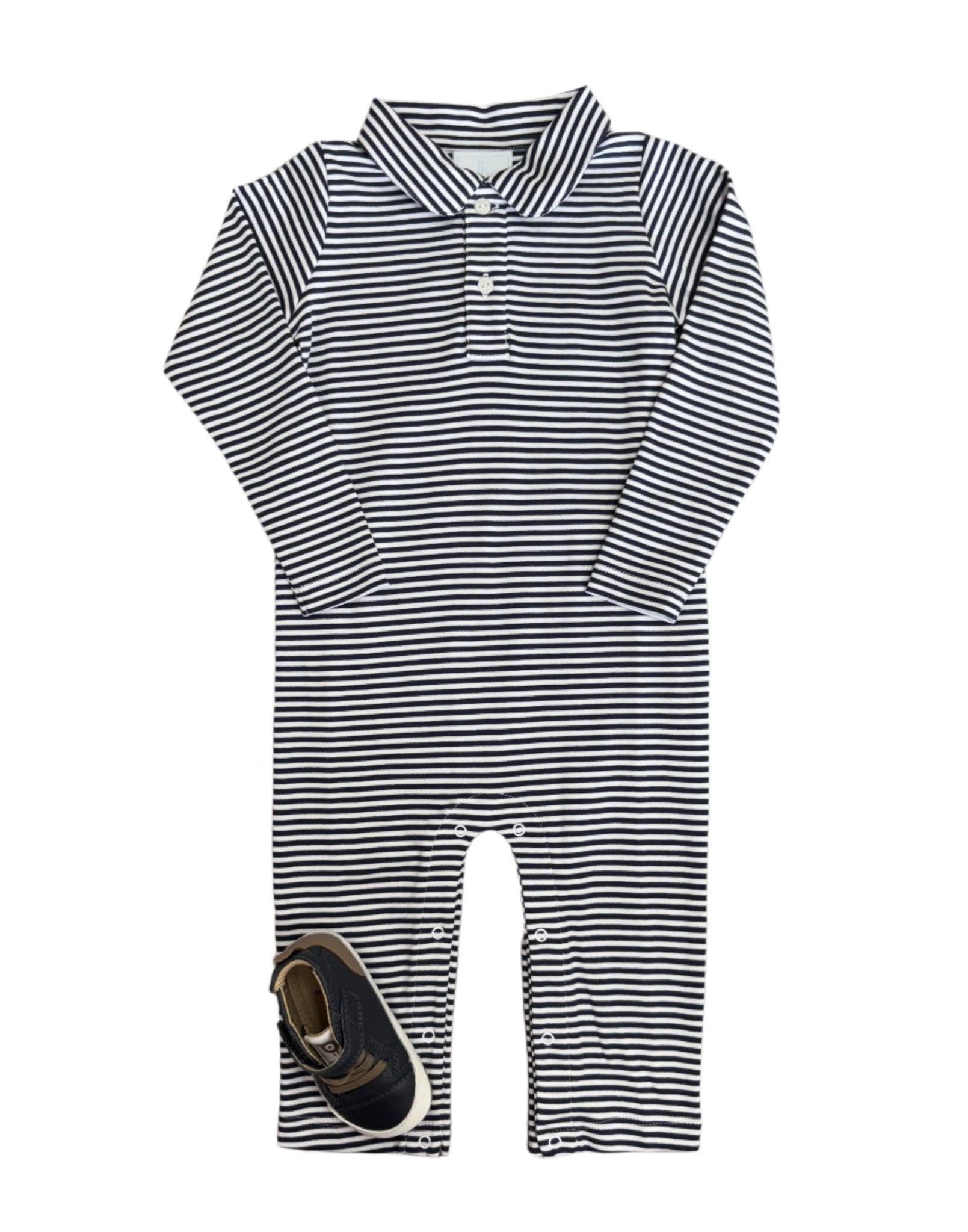 Long Sleeve Polo Romper - Navy Stripe Boys Bubbles + Rompers Little English