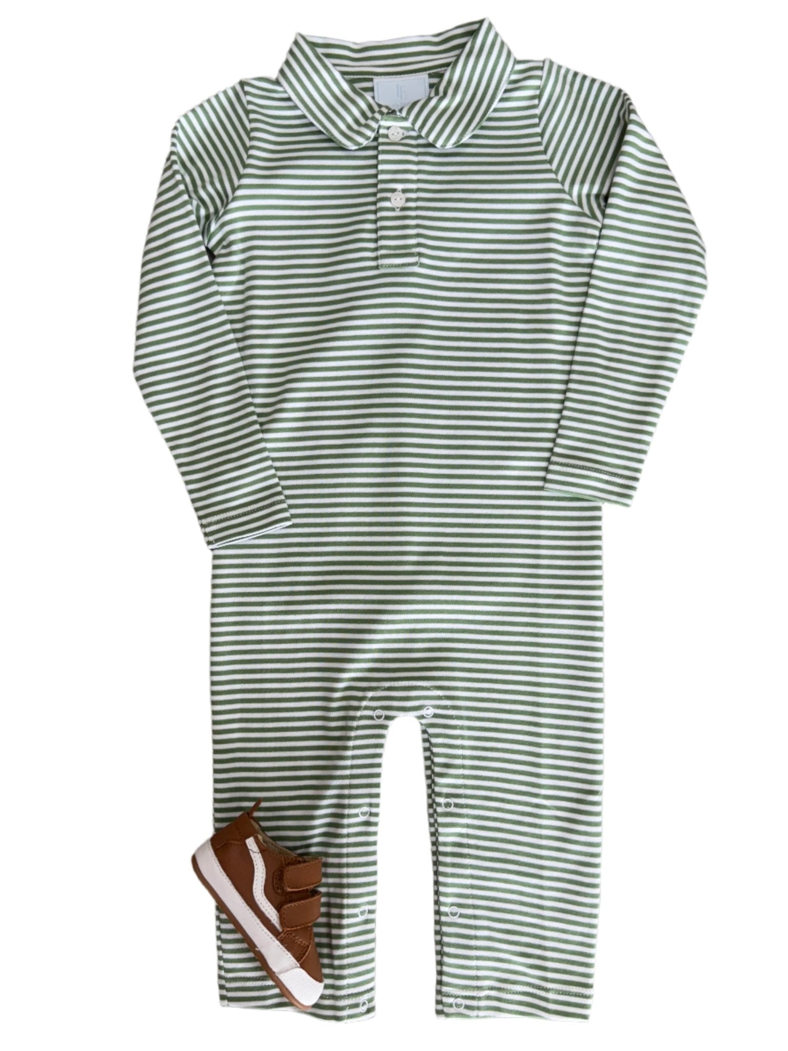 Long Sleeve Polo Romper - Watercress Stripe Boys Bubbles + Rompers Little English