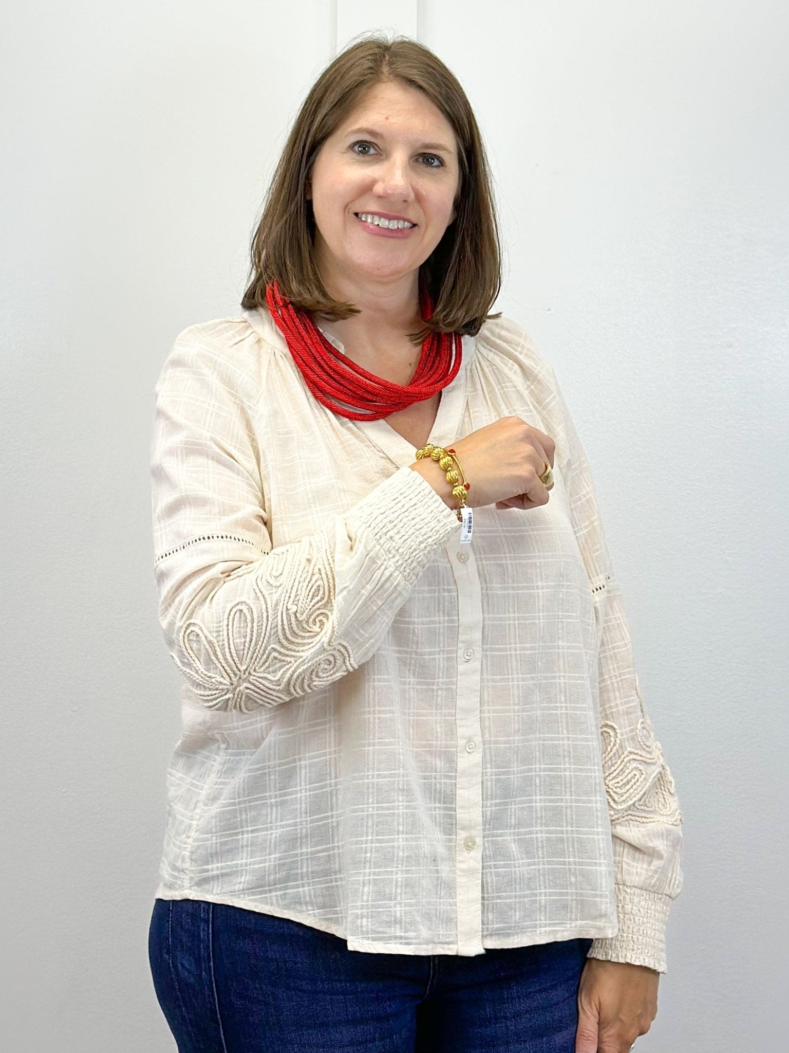 L/S Blouse w/ Applique Sleeves - Moonstone Tops Tribal