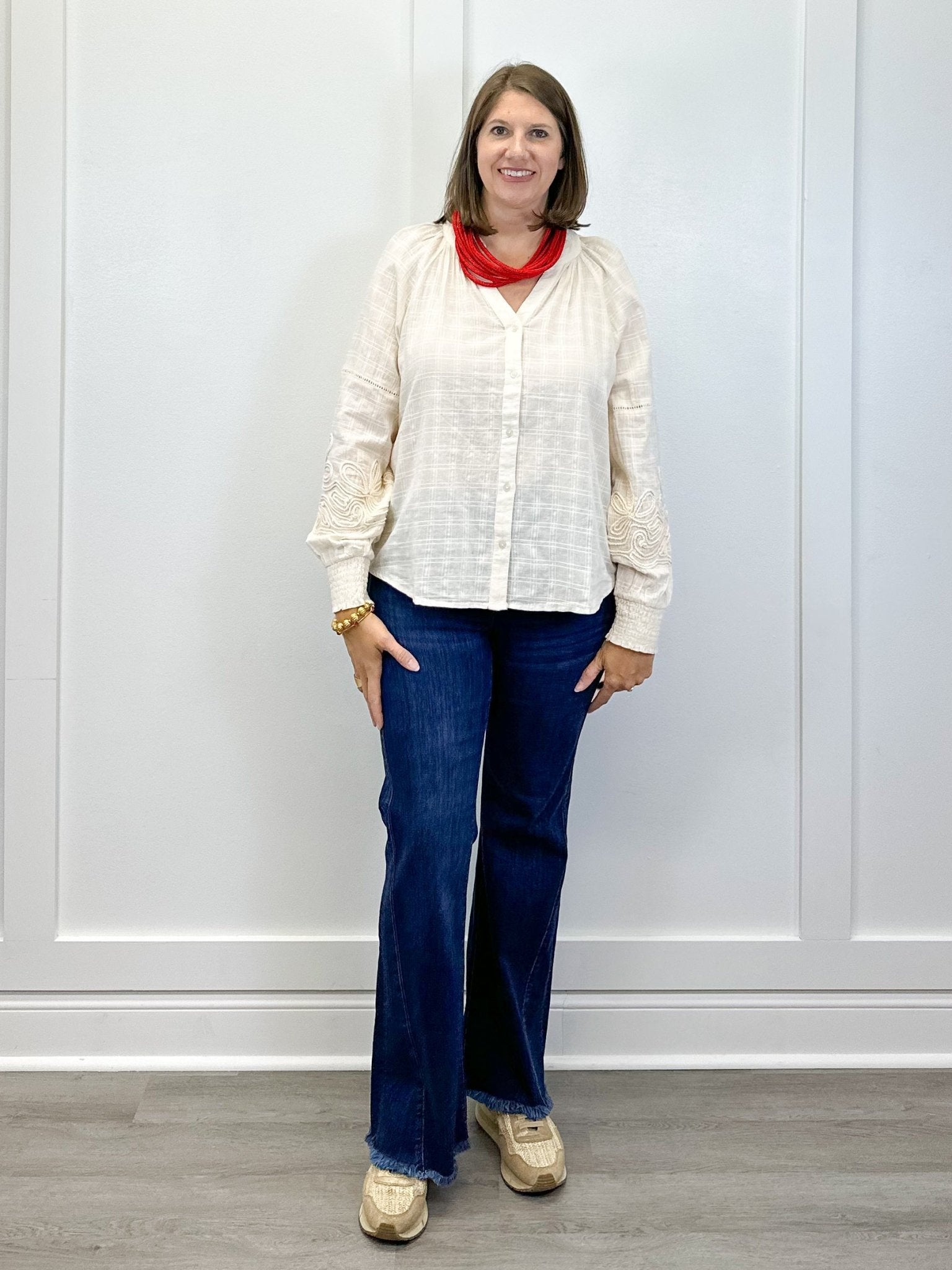 L/S Blouse w/ Applique Sleeves - Moonstone Tops Tribal