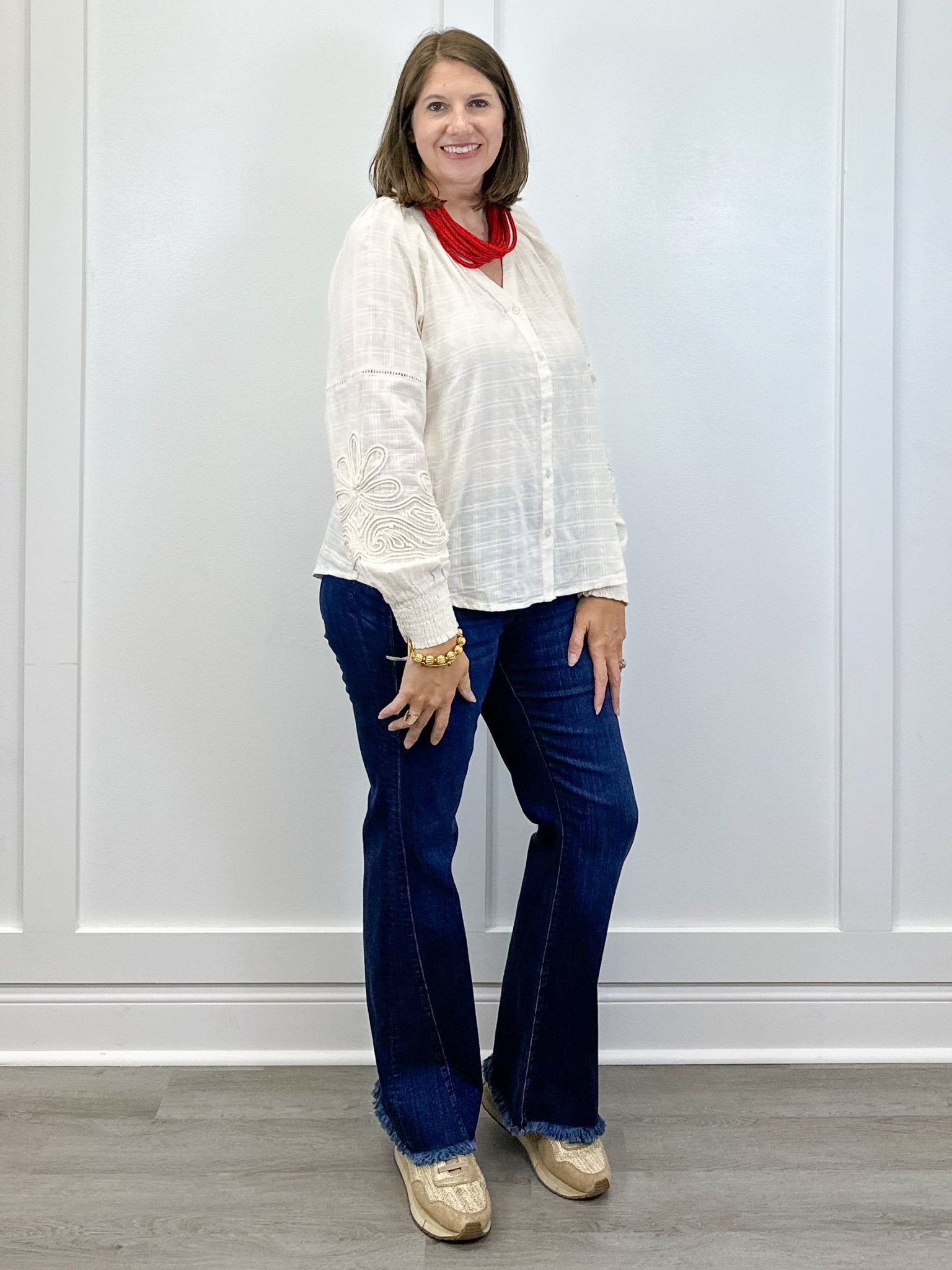L/S Blouse w/ Applique Sleeves - Moonstone Tops Tribal