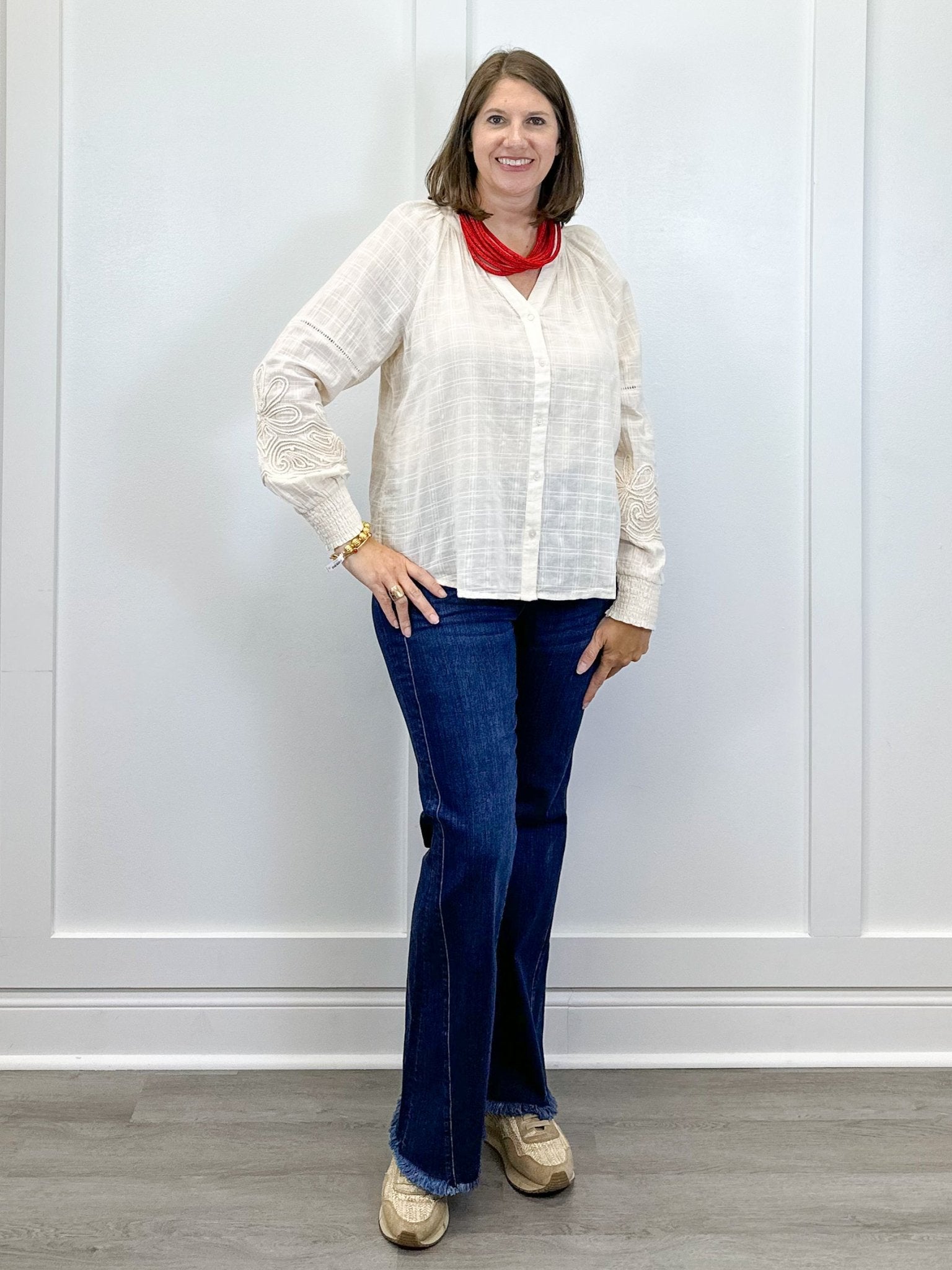 L/S Blouse w/ Applique Sleeves - Moonstone Tops Tribal