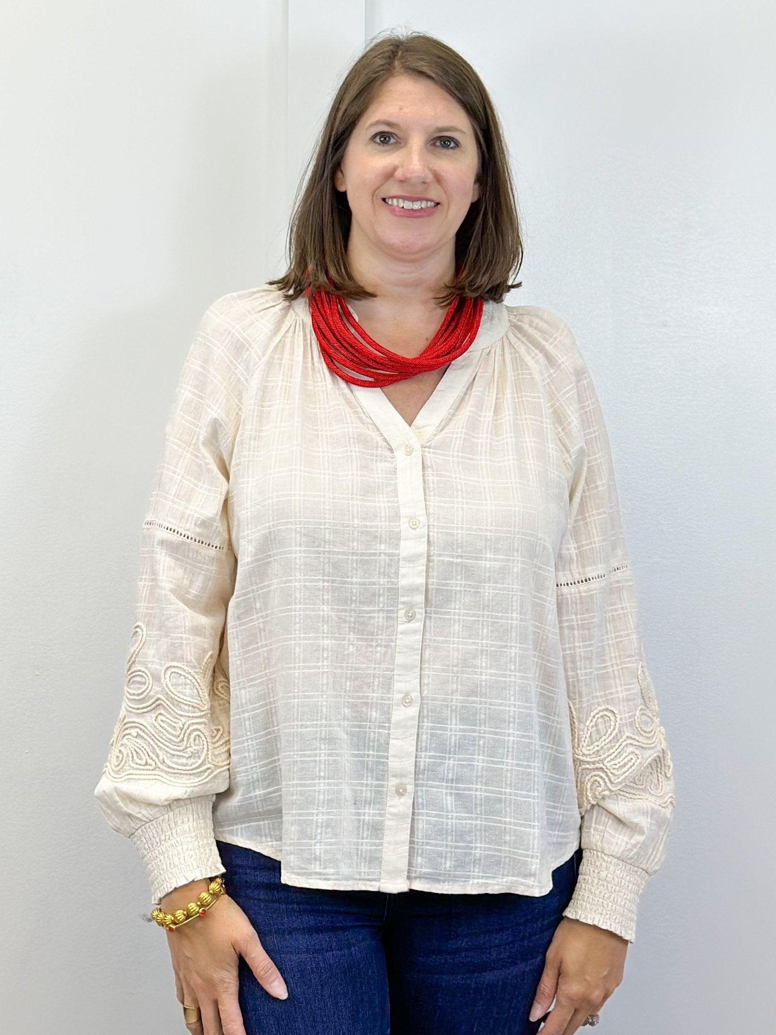 L/S Blouse w/ Applique Sleeves - Moonstone Tops Tribal