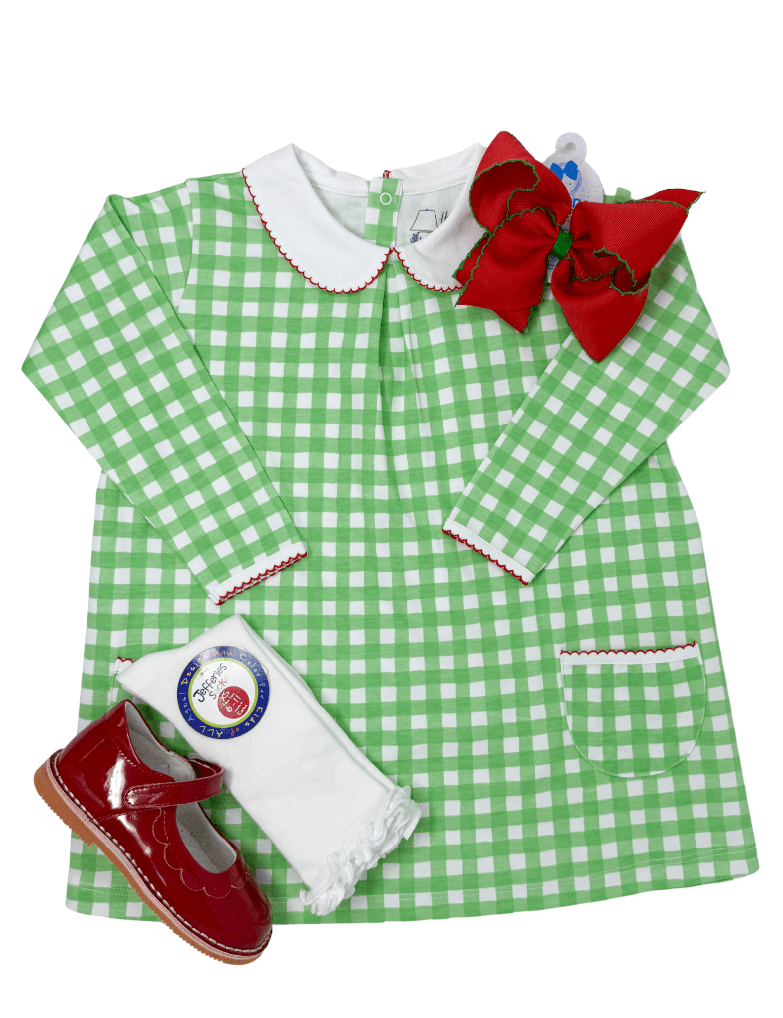 L/S Pocket Twirl - Green Gingham Girls Play Dresses Heyward House