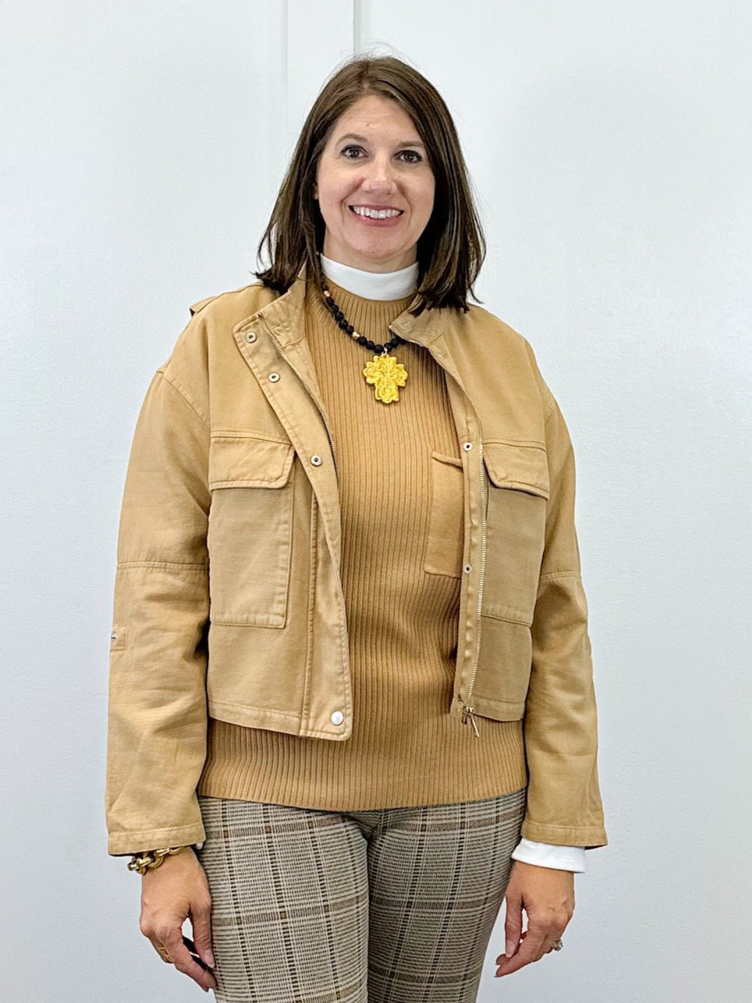 L/S Zip Front Jacket w/ Double Pockets - Ice Latte Outerwear Tribal