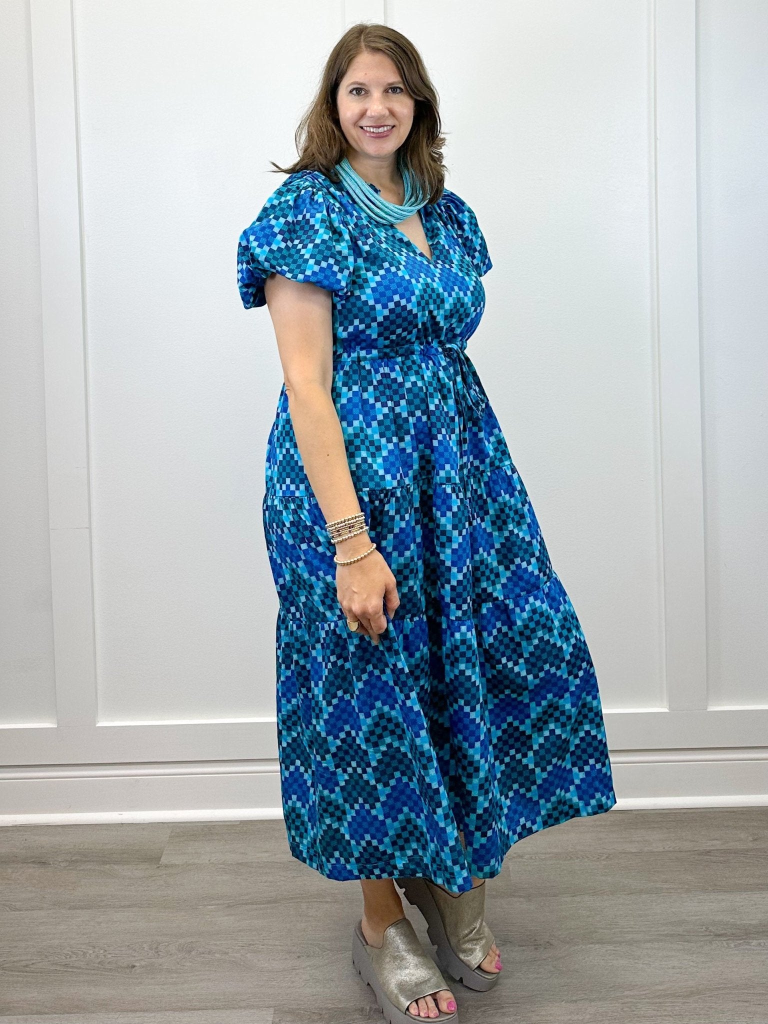 Margaret Midi Dress - Checker Blue Long Dresses Briton Court