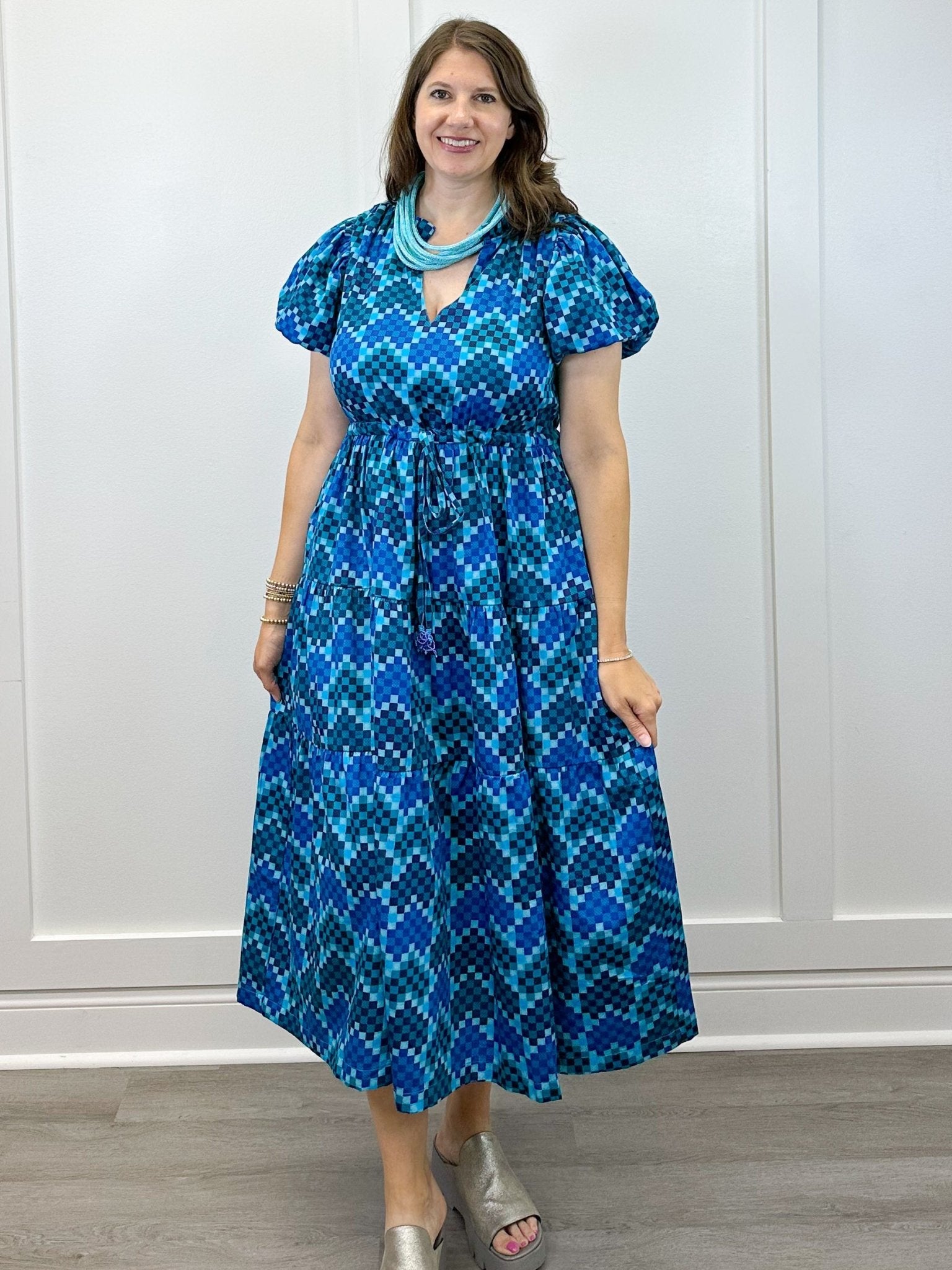Margaret Midi Dress - Checker Blue Long Dresses Briton Court