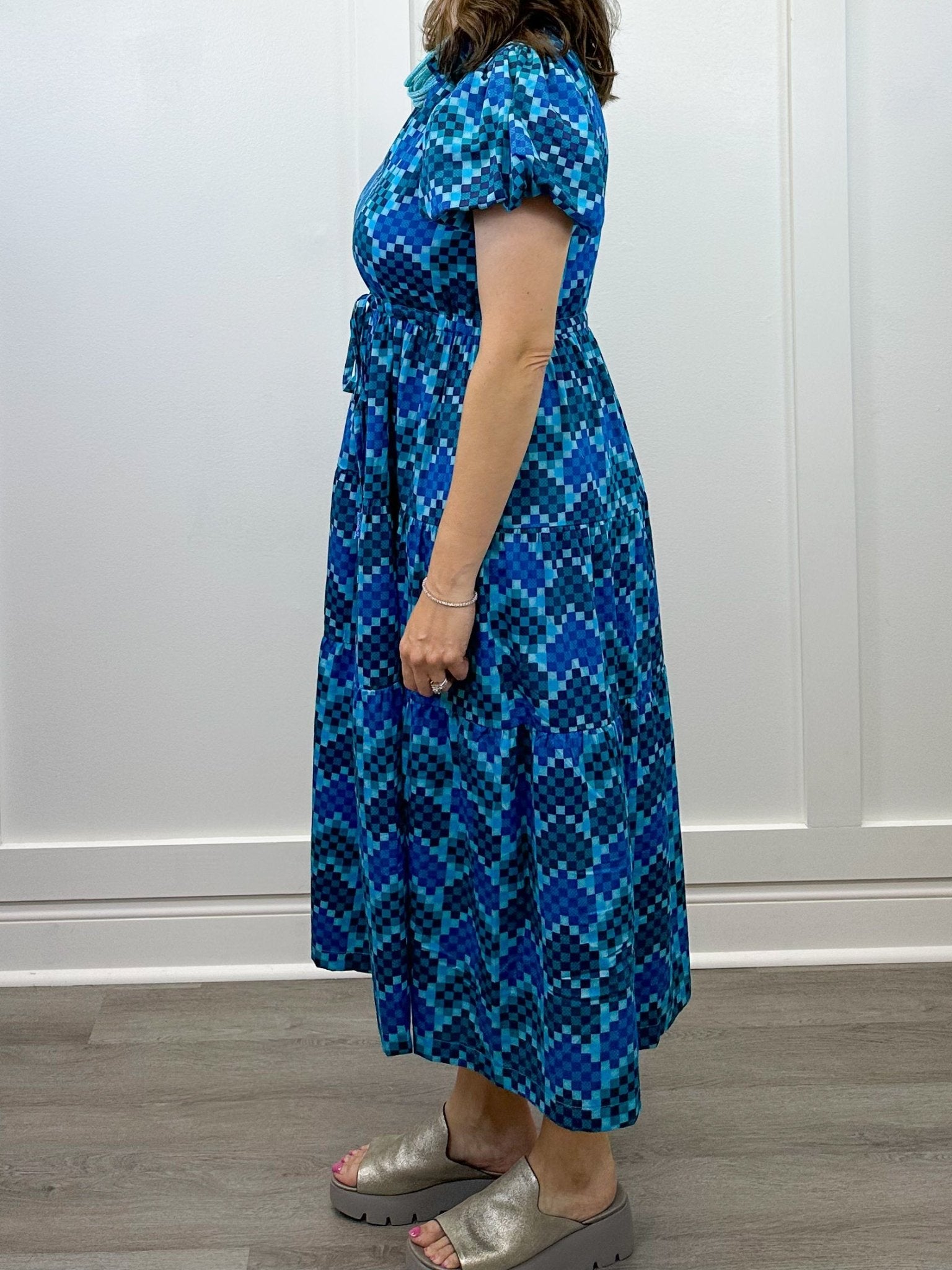 Margaret Midi Dress - Checker Blue Long Dresses Briton Court