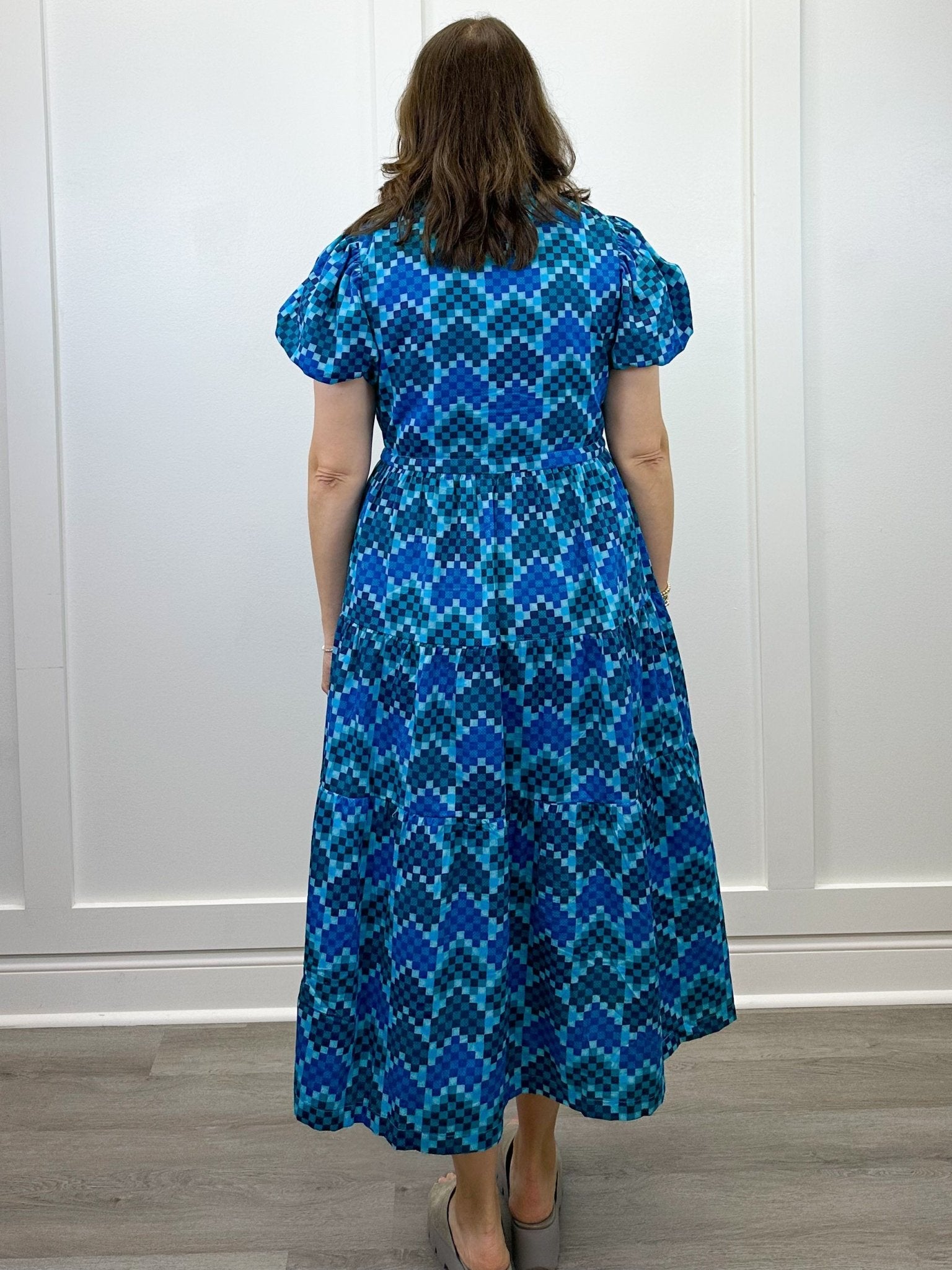 Margaret Midi Dress - Checker Blue Long Dresses Briton Court