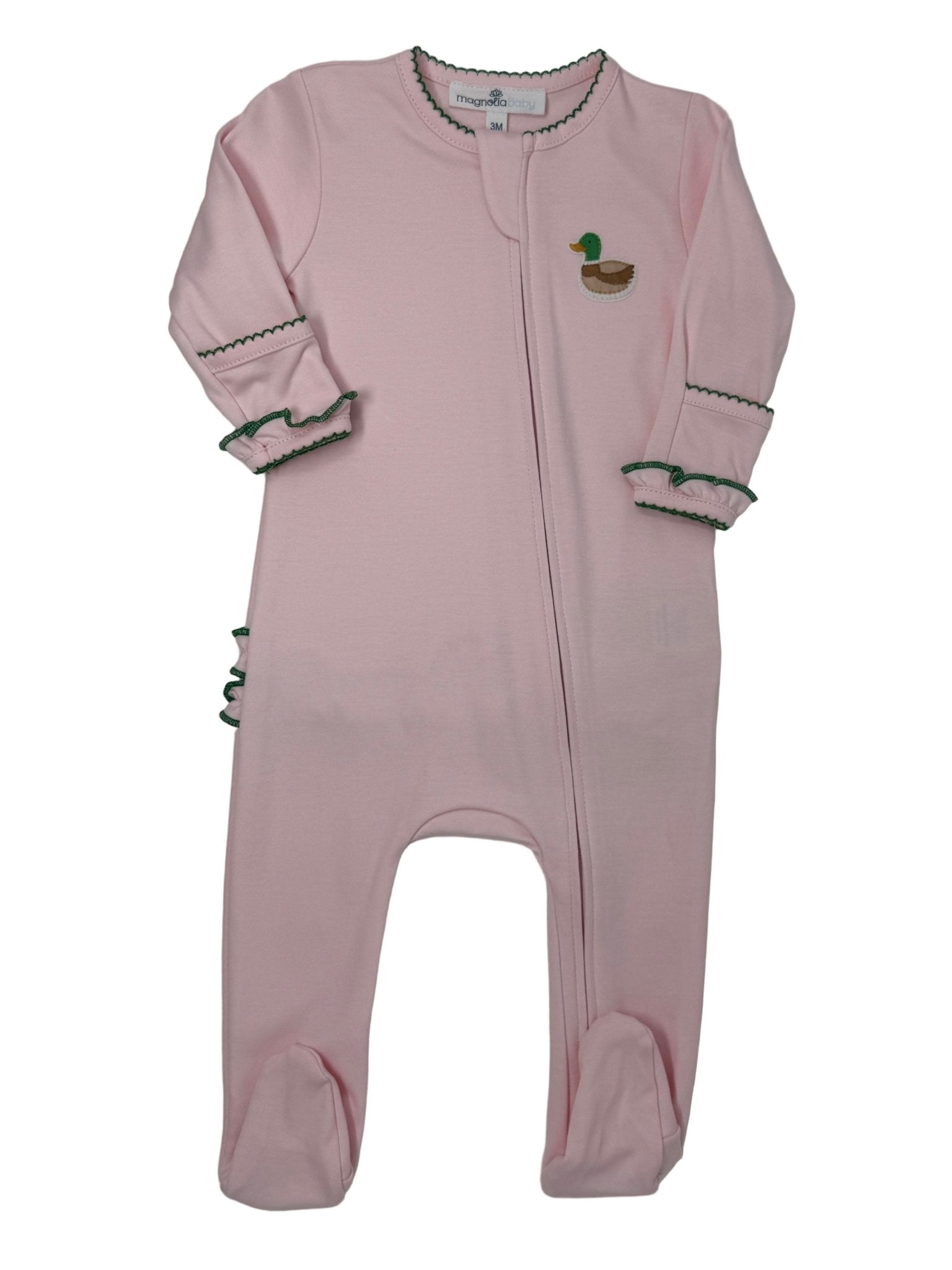 Mini Mallard Embroidered Ruffled Zipper Footie - Pink Baby Sleepwear Magnolia Baby