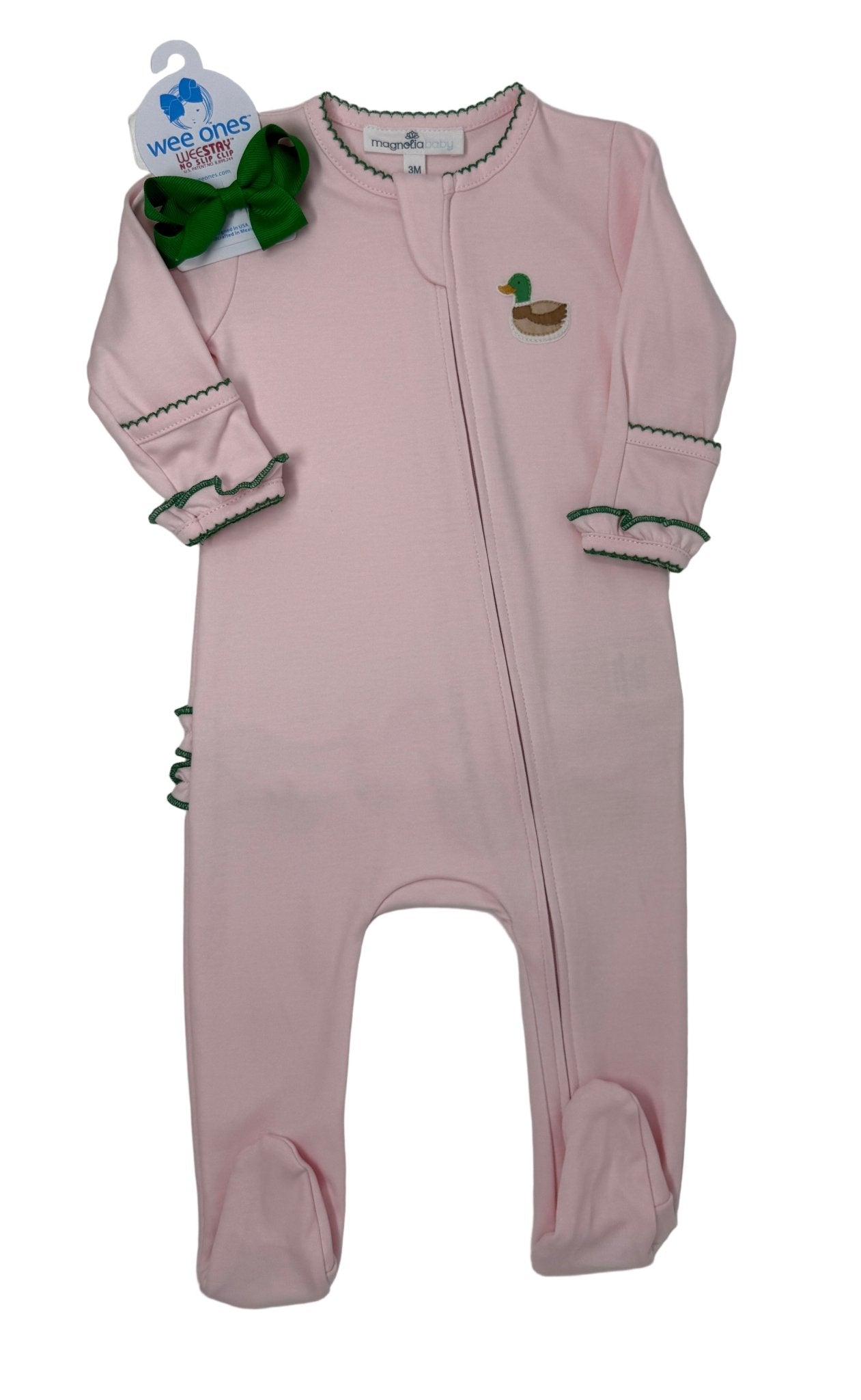 Mini Mallard Embroidered Ruffled Zipper Footie - Pink Baby Sleepwear Magnolia Baby