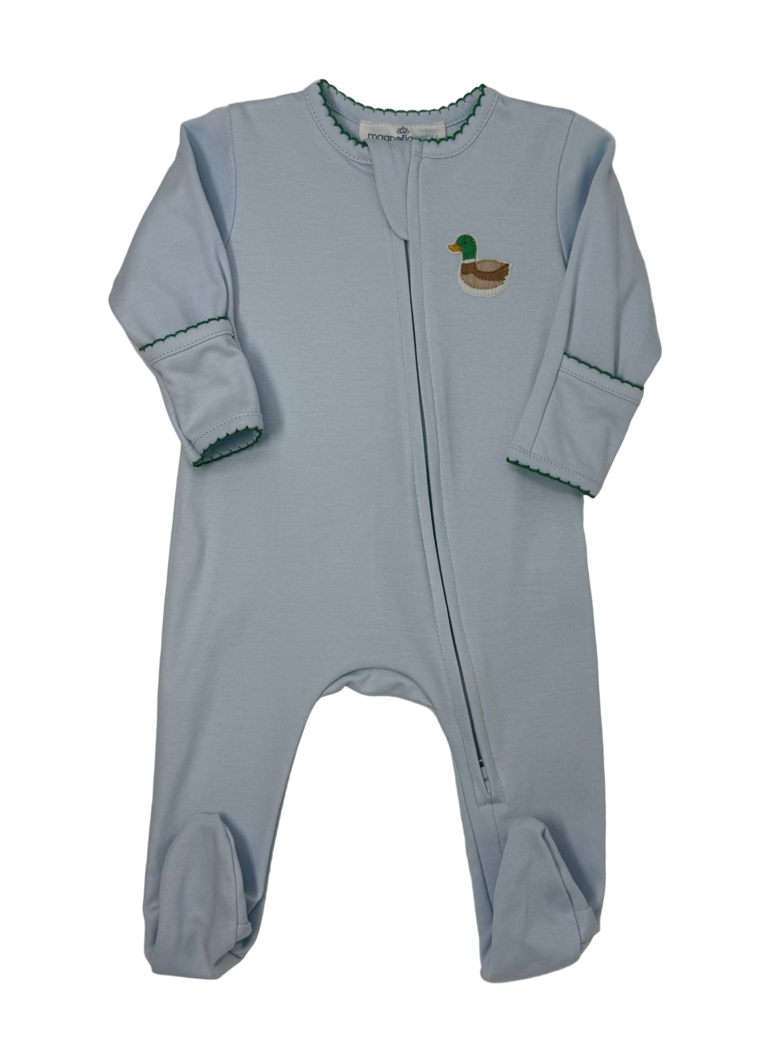 Mini Mallard Embroidered Zipper Footie - Lt. Blue Baby Sleepwear Magnolia Baby