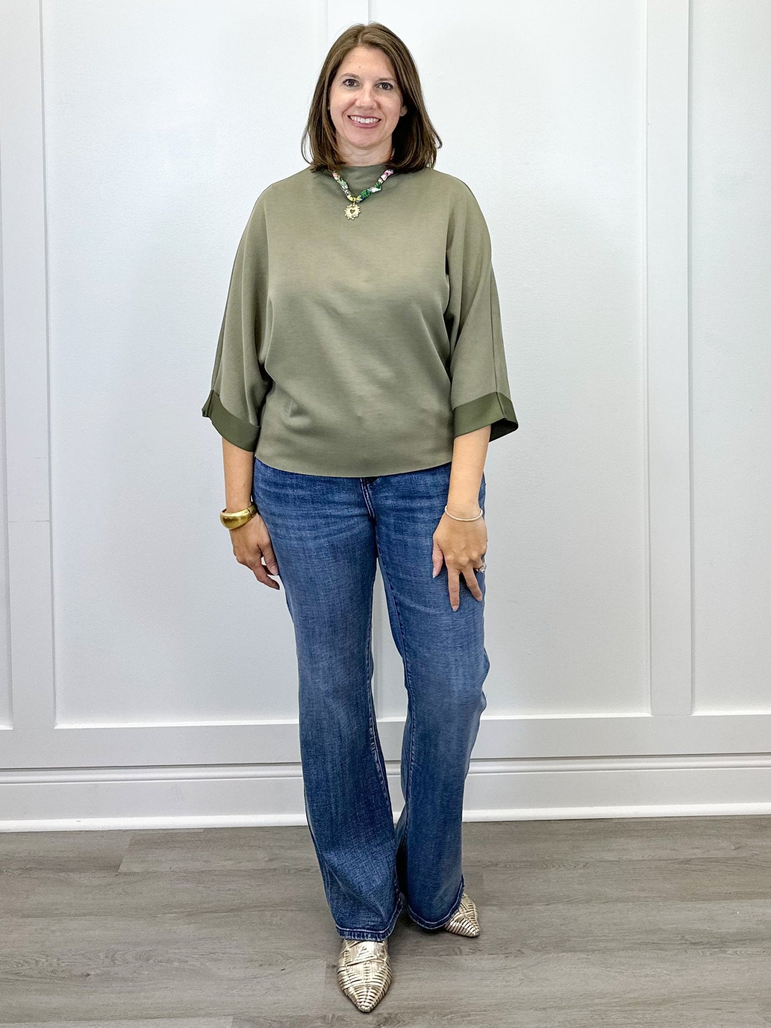 Mock Neck Top - Washed Olive Tops FATE