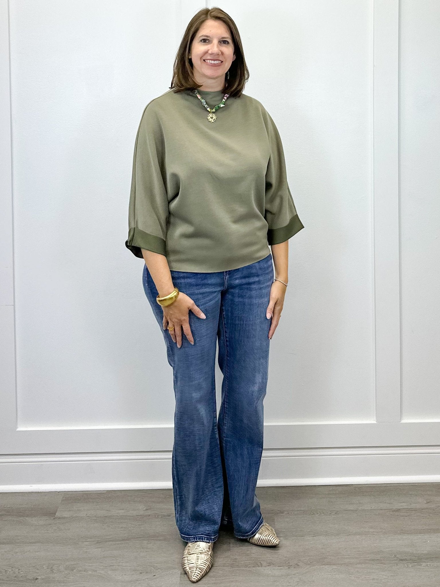 Mock Neck Top - Washed Olive Tops FATE