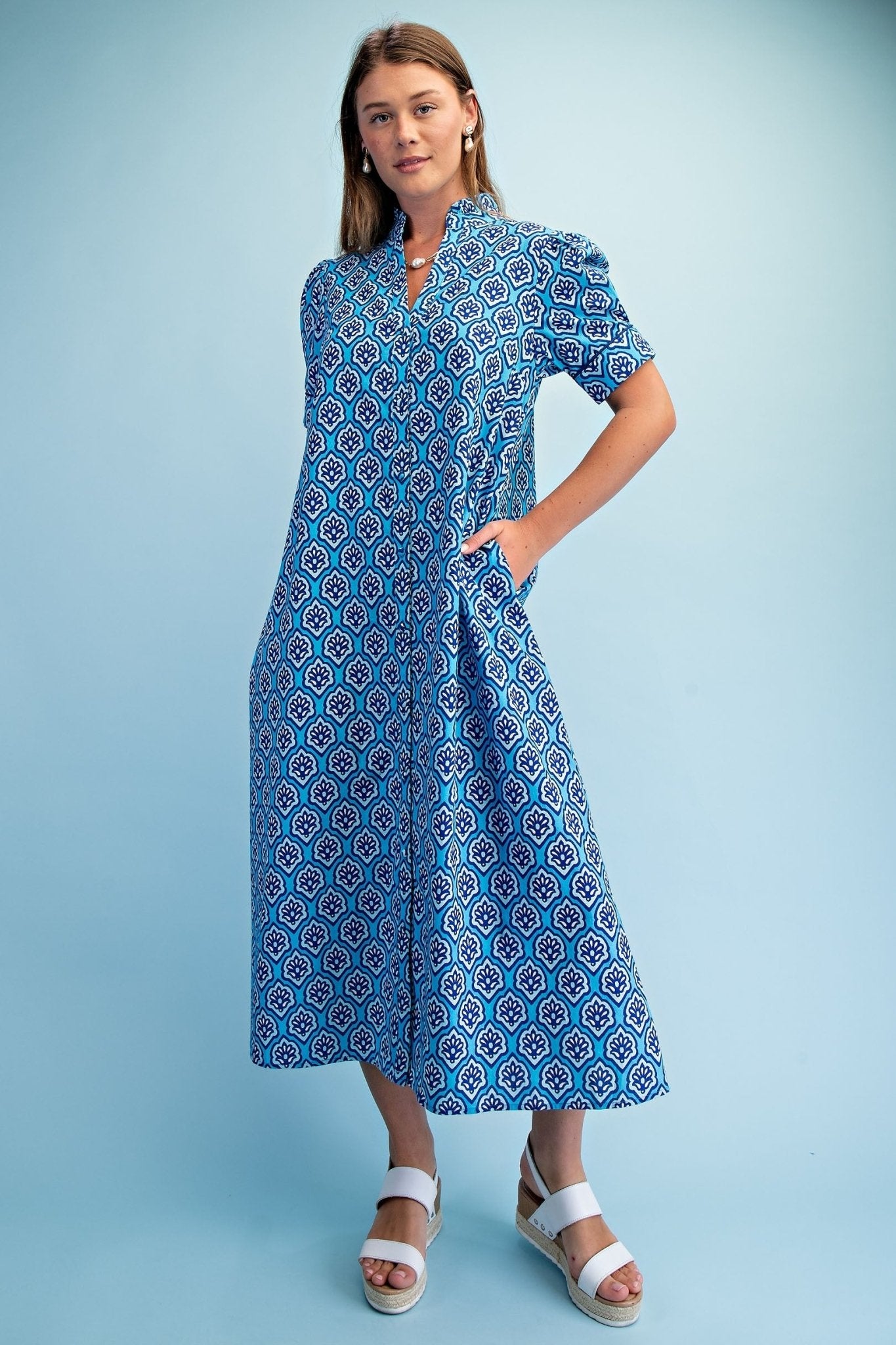 blue tile dress Tile Print Shirtdress - Blue Multicolor