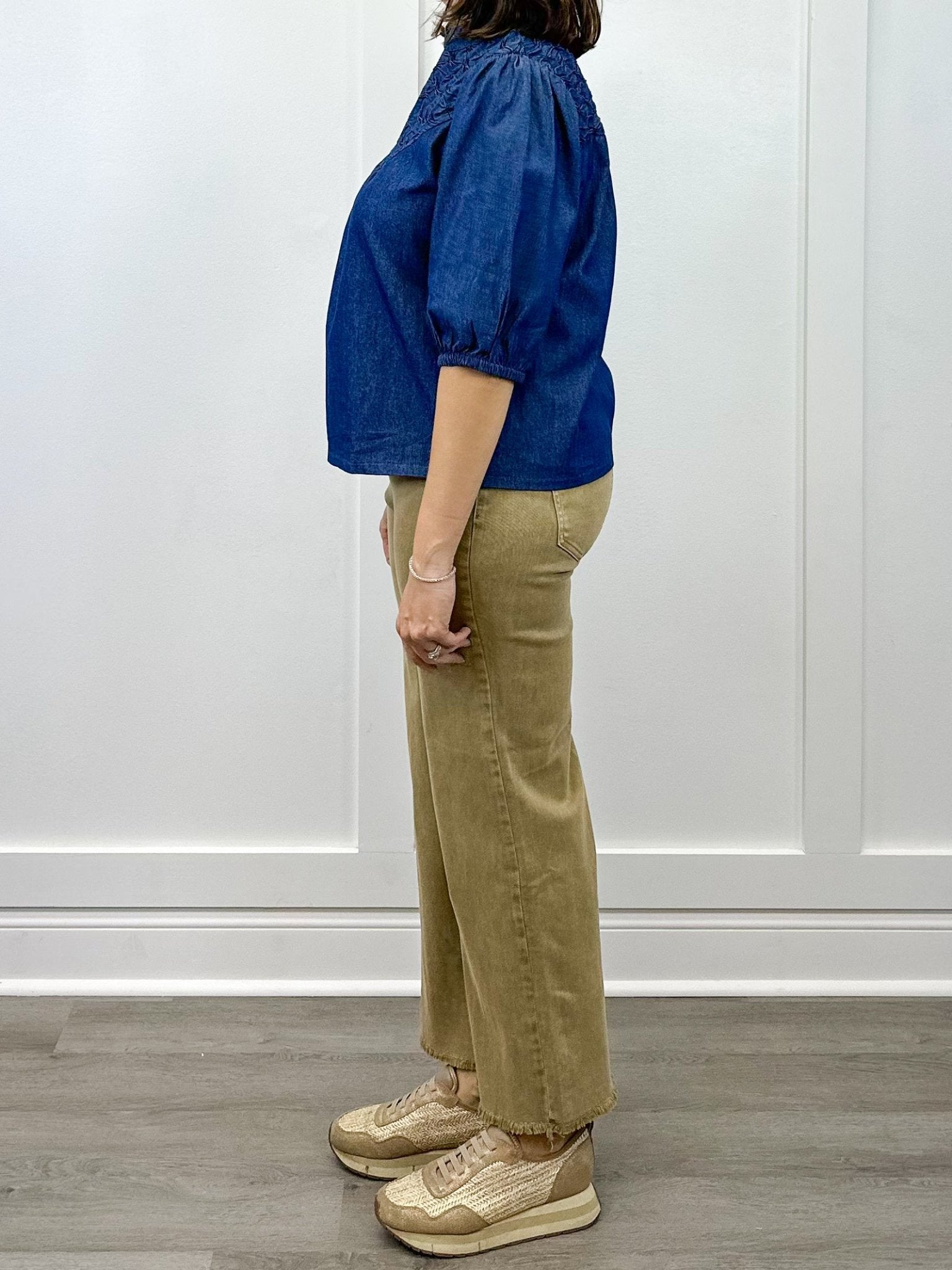 Olivia Textured Yoke Top - Blue Denim Tops VOY