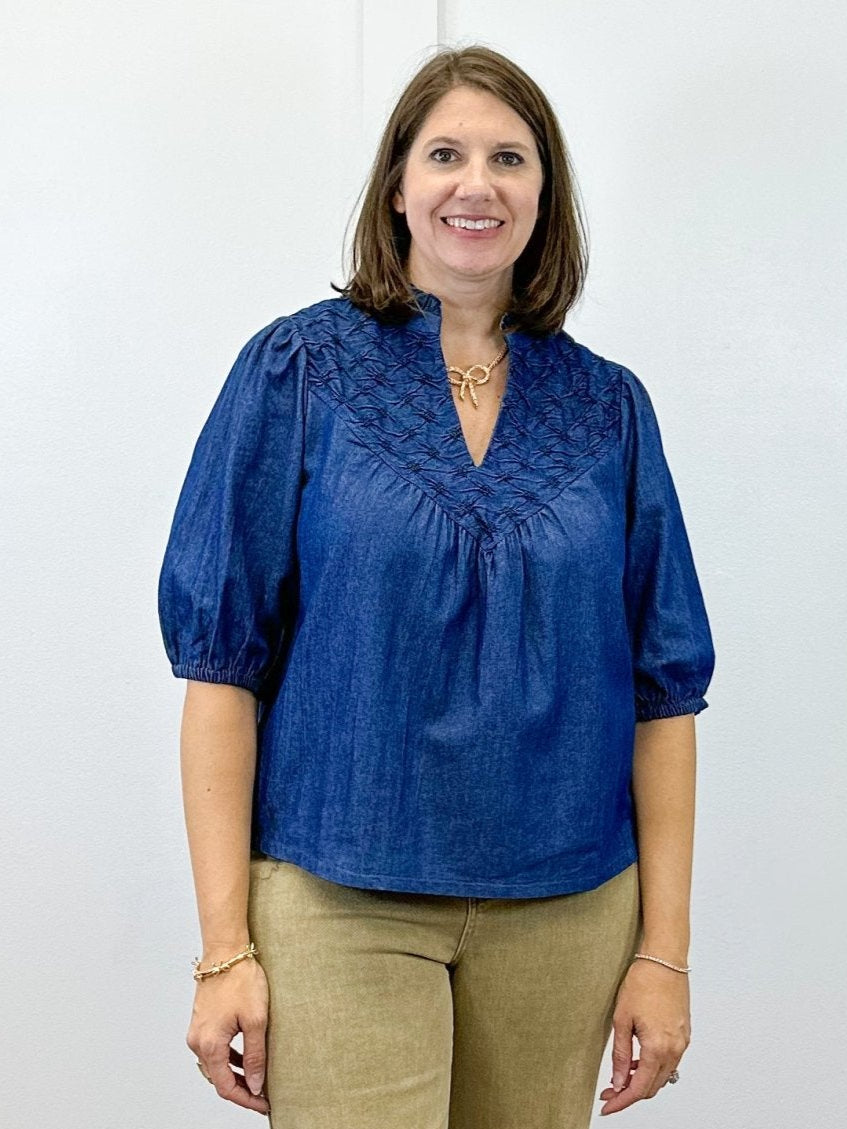 Olivia Textured Yoke Top - Blue Denim Tops VOY