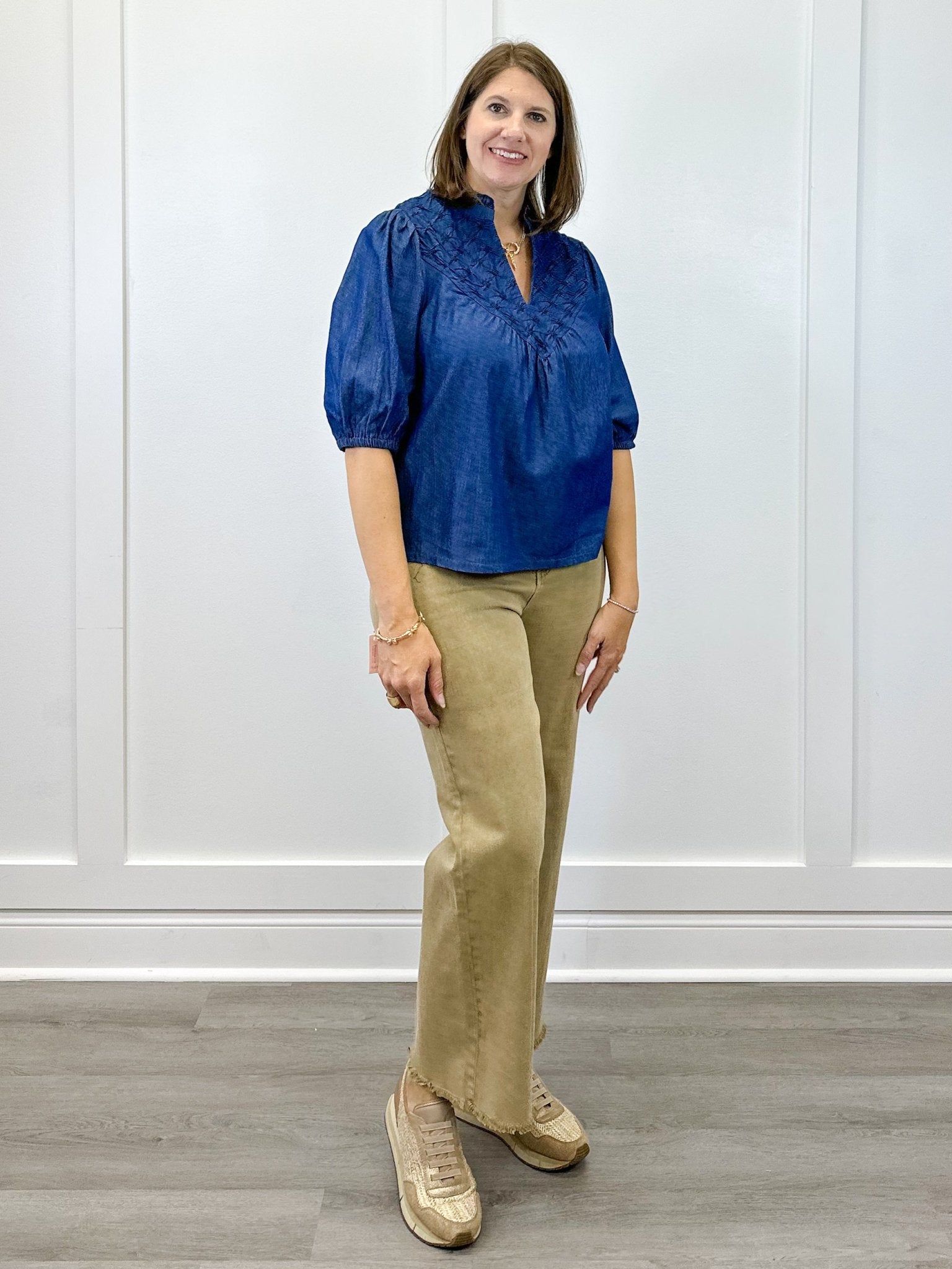Olivia Textured Yoke Top - Blue Denim Tops VOY