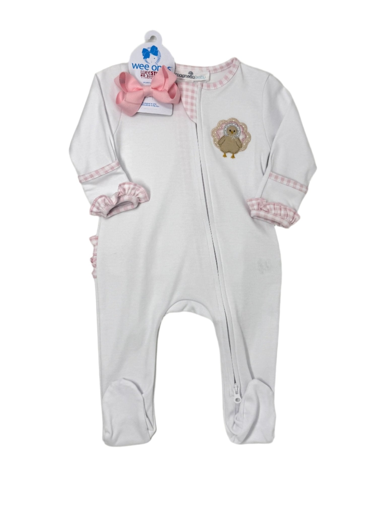 Pilgrim Pals Applique Ruffle Zipper Footie - Pink Baby Sleepwear Magnolia Baby
