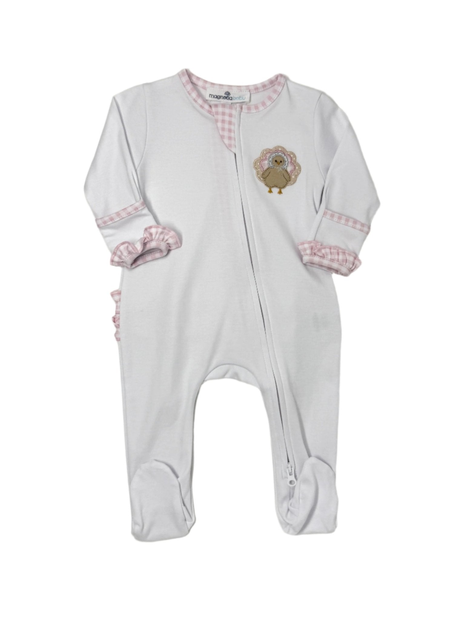 Pilgrim Pals Applique Ruffle Zipper Footie - Pink Baby Sleepwear Magnolia Baby