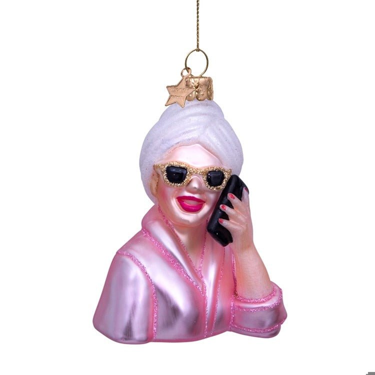 Pink Self Care Girl w/ Phone Glass Ornament Seasonal Vondels