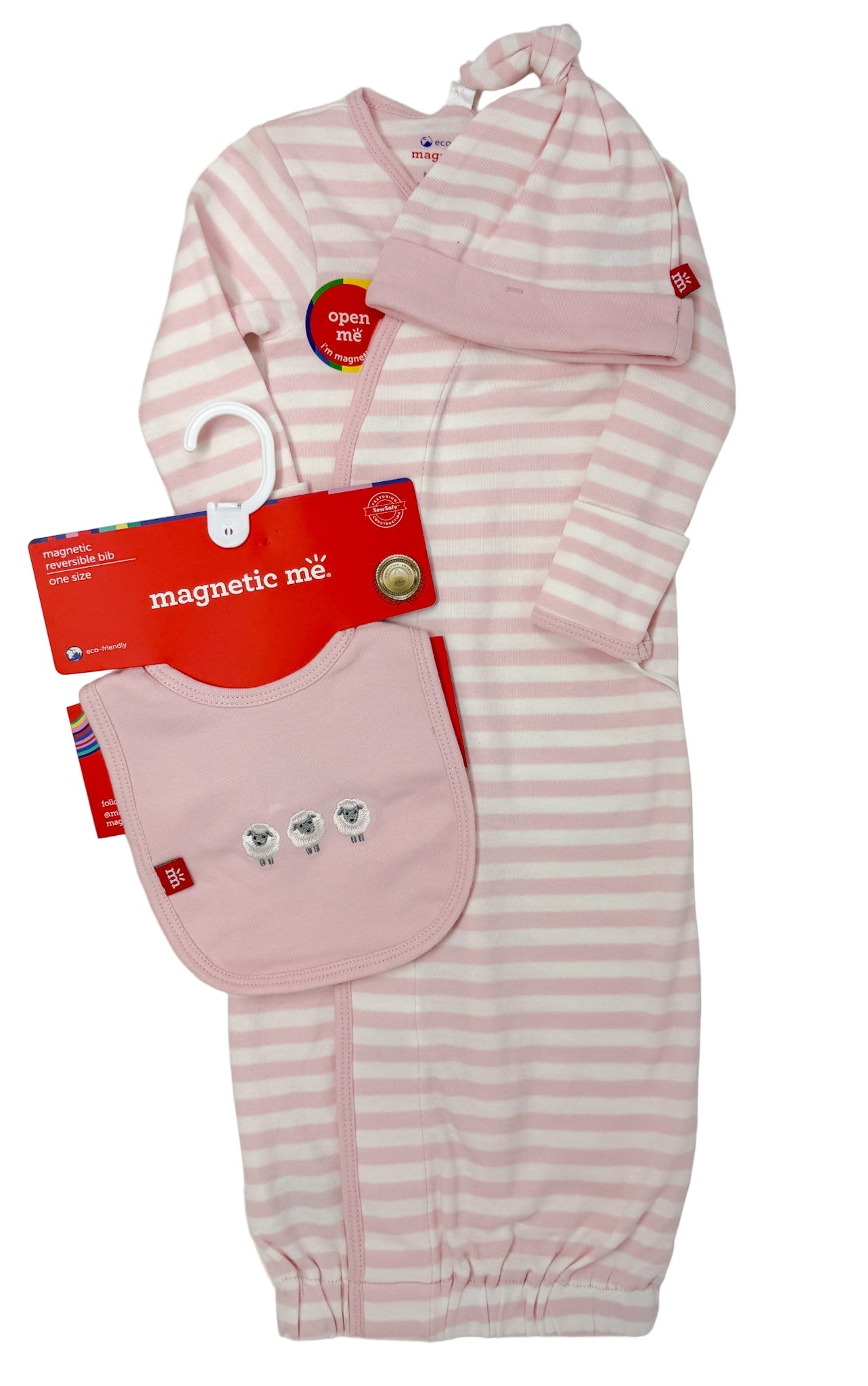 Pink Stripe Organic Cotton Gown & Hat Baby Sleepwear Magnetic Me