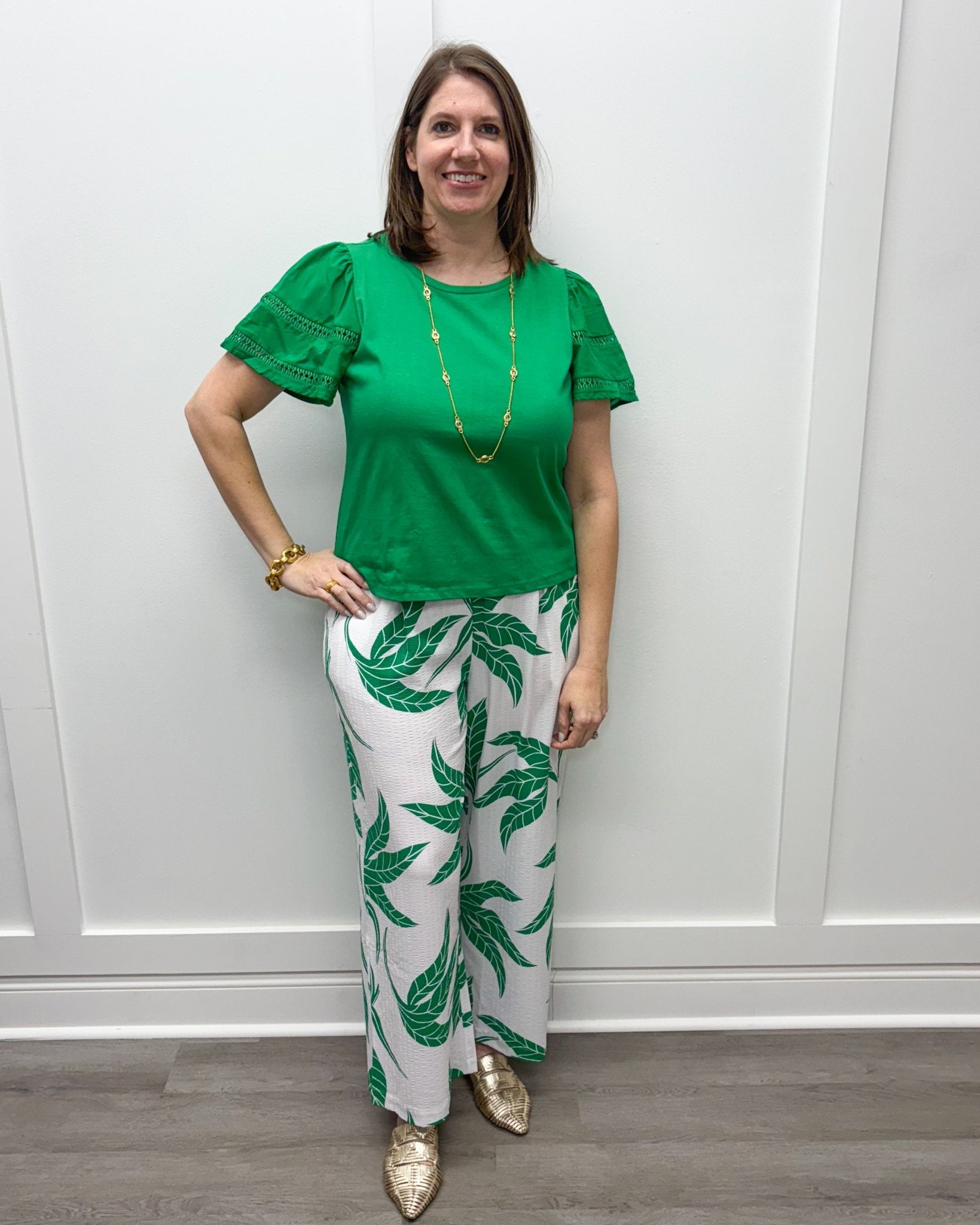 Pull On Ankle Pants w/ Pleats - Kelly/White Floral Pants Tribal