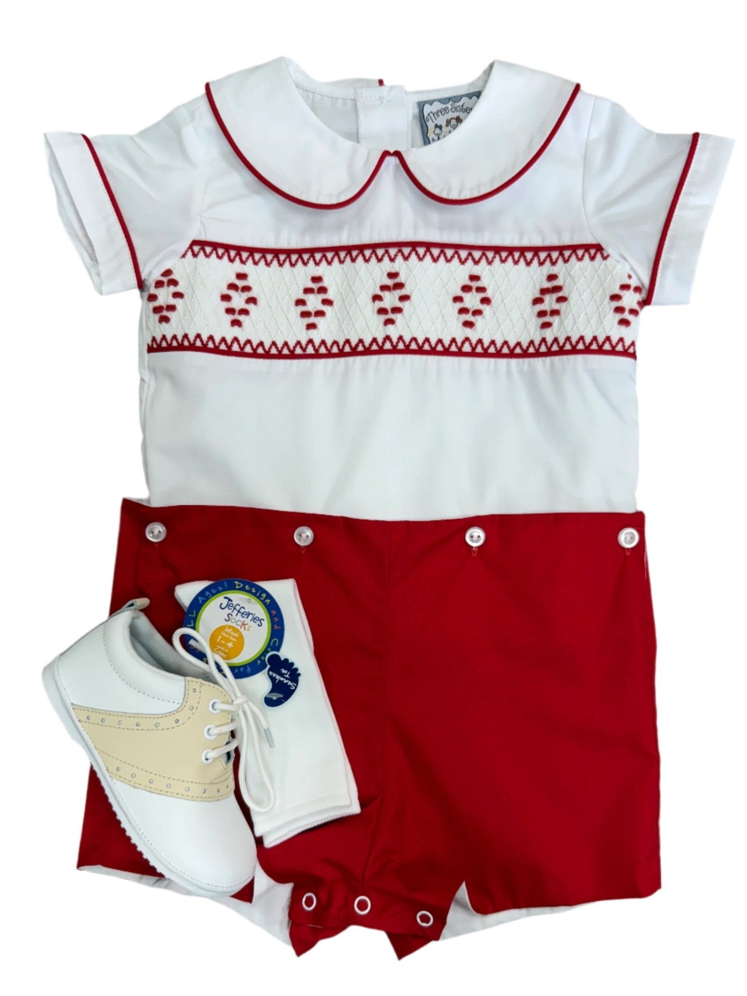 Red & White Smocked Geo Shortall Boys Bubbles + Rompers Three Sisters