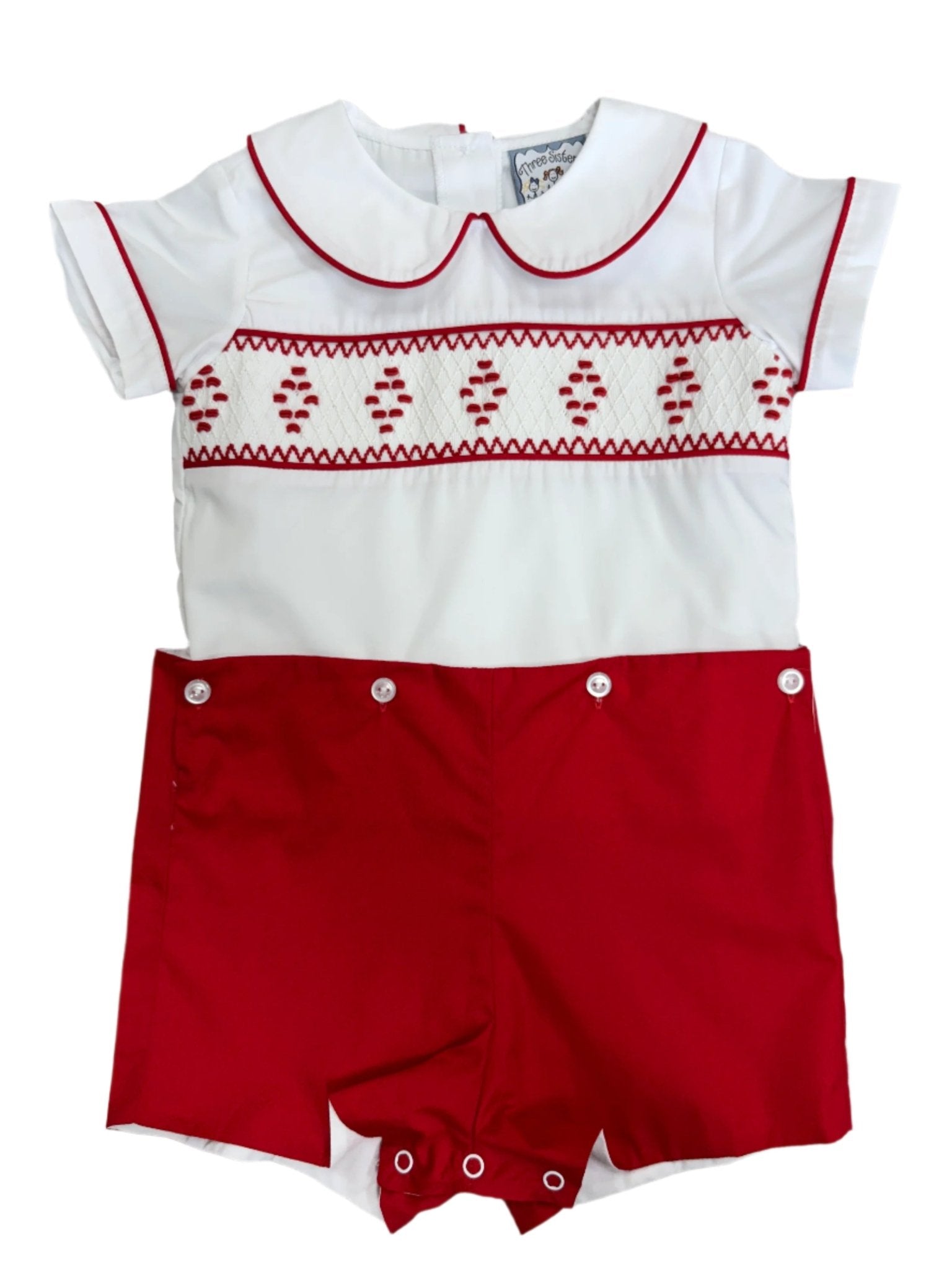 Red & White Smocked Geo Shortall Boys Bubbles + Rompers Three Sisters