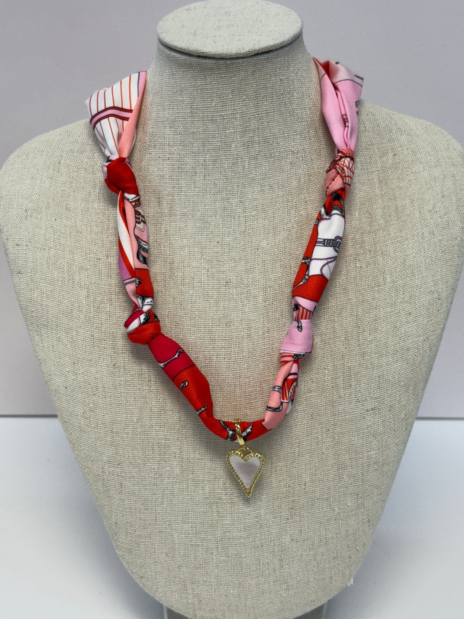 Scarf Necklace ~ Pink Horse Pattern: White Heart Necklaces Deep South Originals, LLC