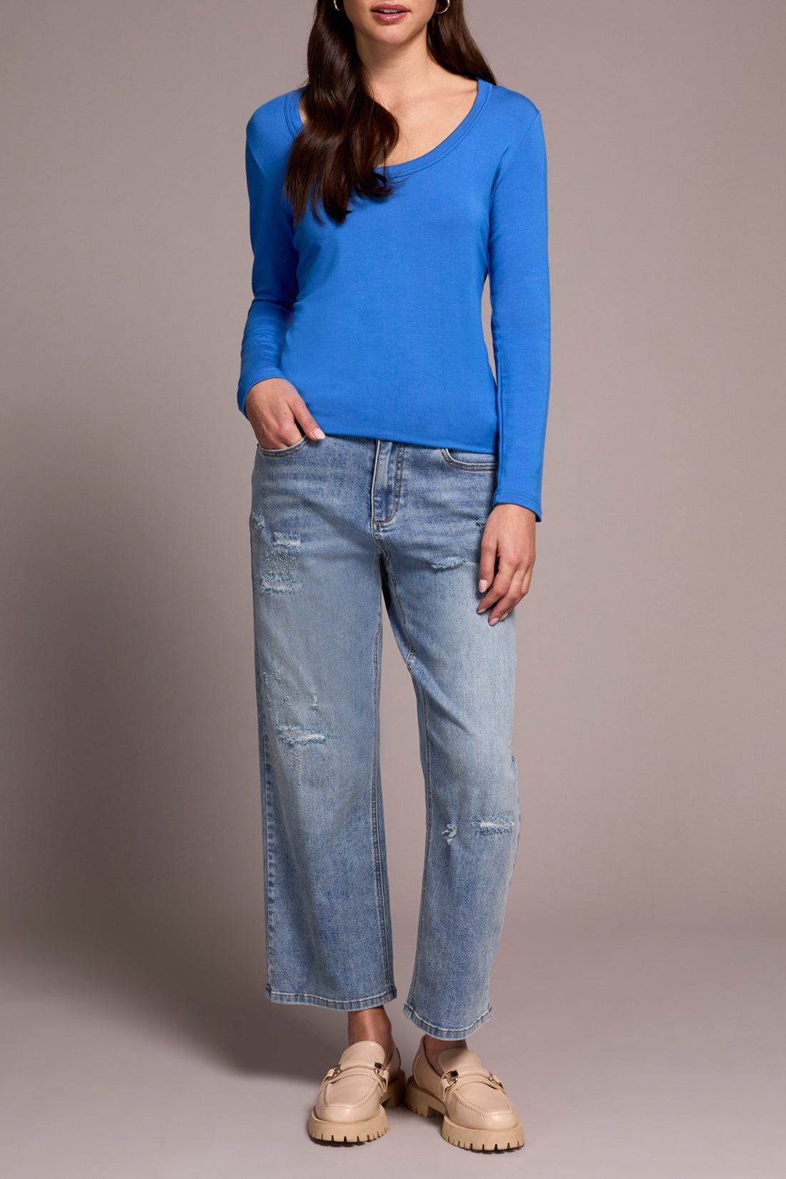 Scoop Neck Knit Top w/ Side Slits - Ultrablue Tops Tribal