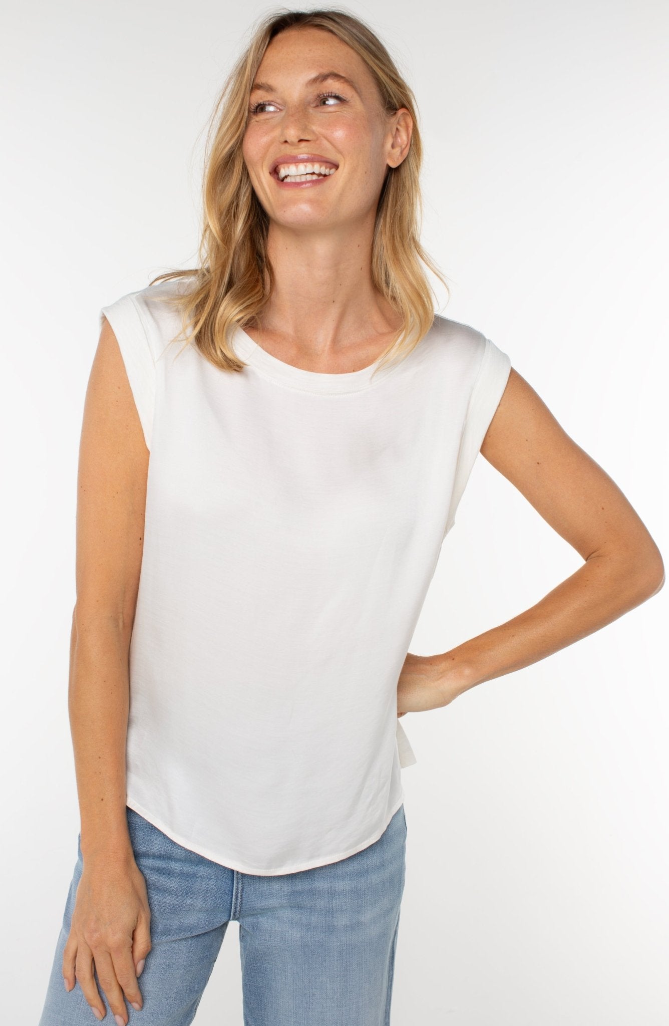 Sleeveless Woven To Knit Top - Whipped Cream Tops Liverpool