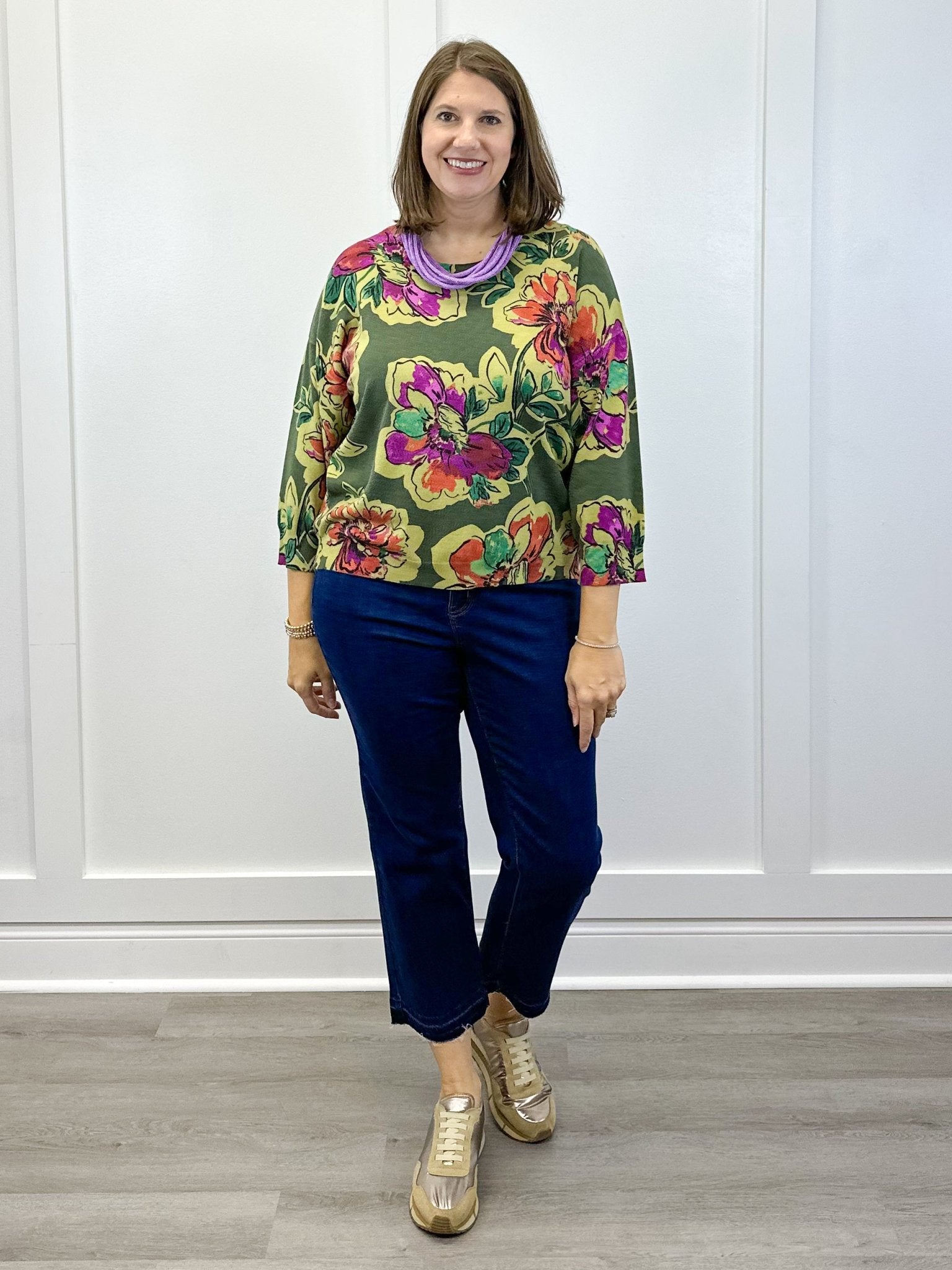 Soft Yarn Three Quarter Sleeve Crewneck Sweater - Chive Sweaters Tribal