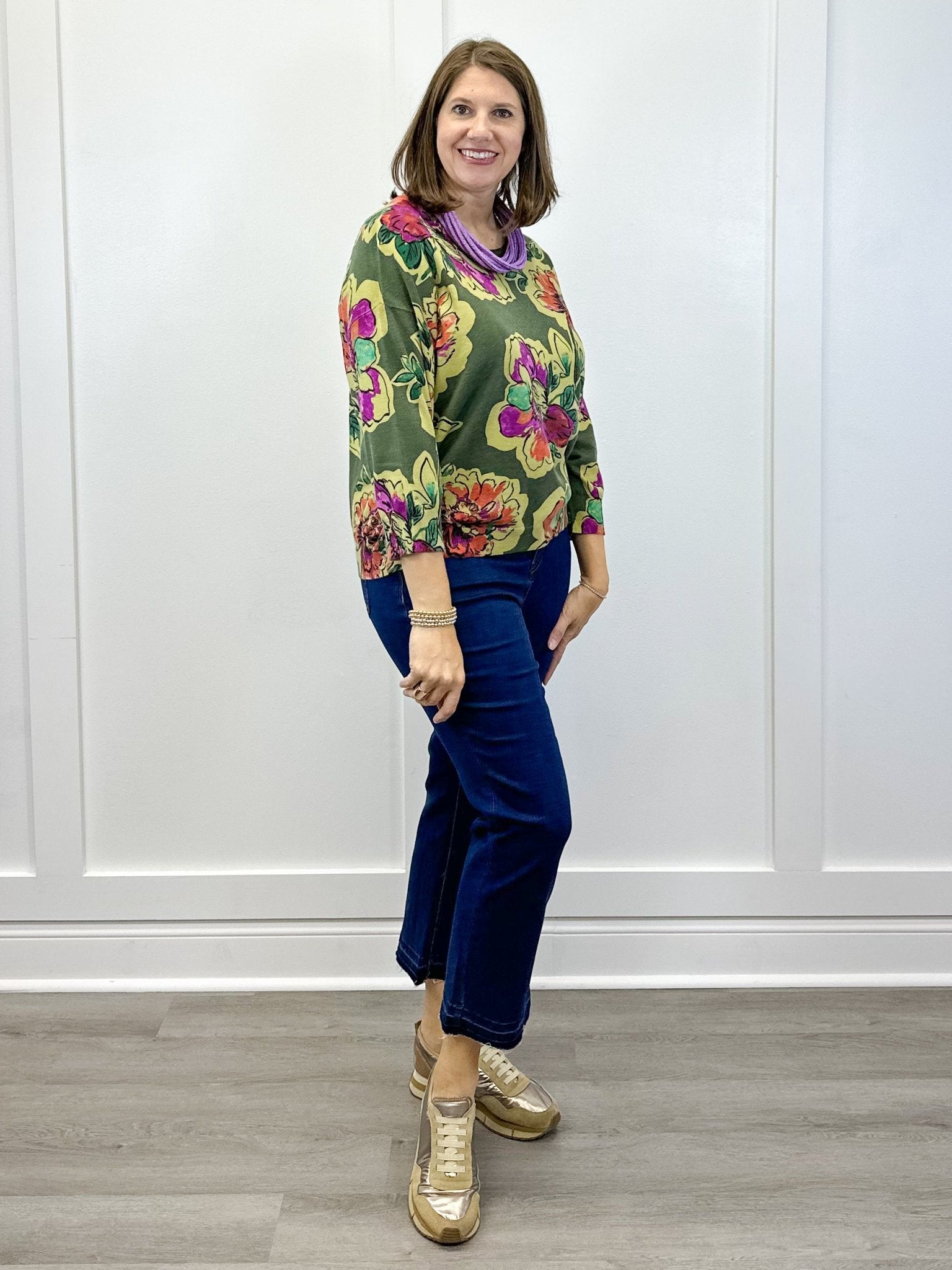 Soft Yarn Three Quarter Sleeve Crewneck Sweater - Chive Sweaters Tribal