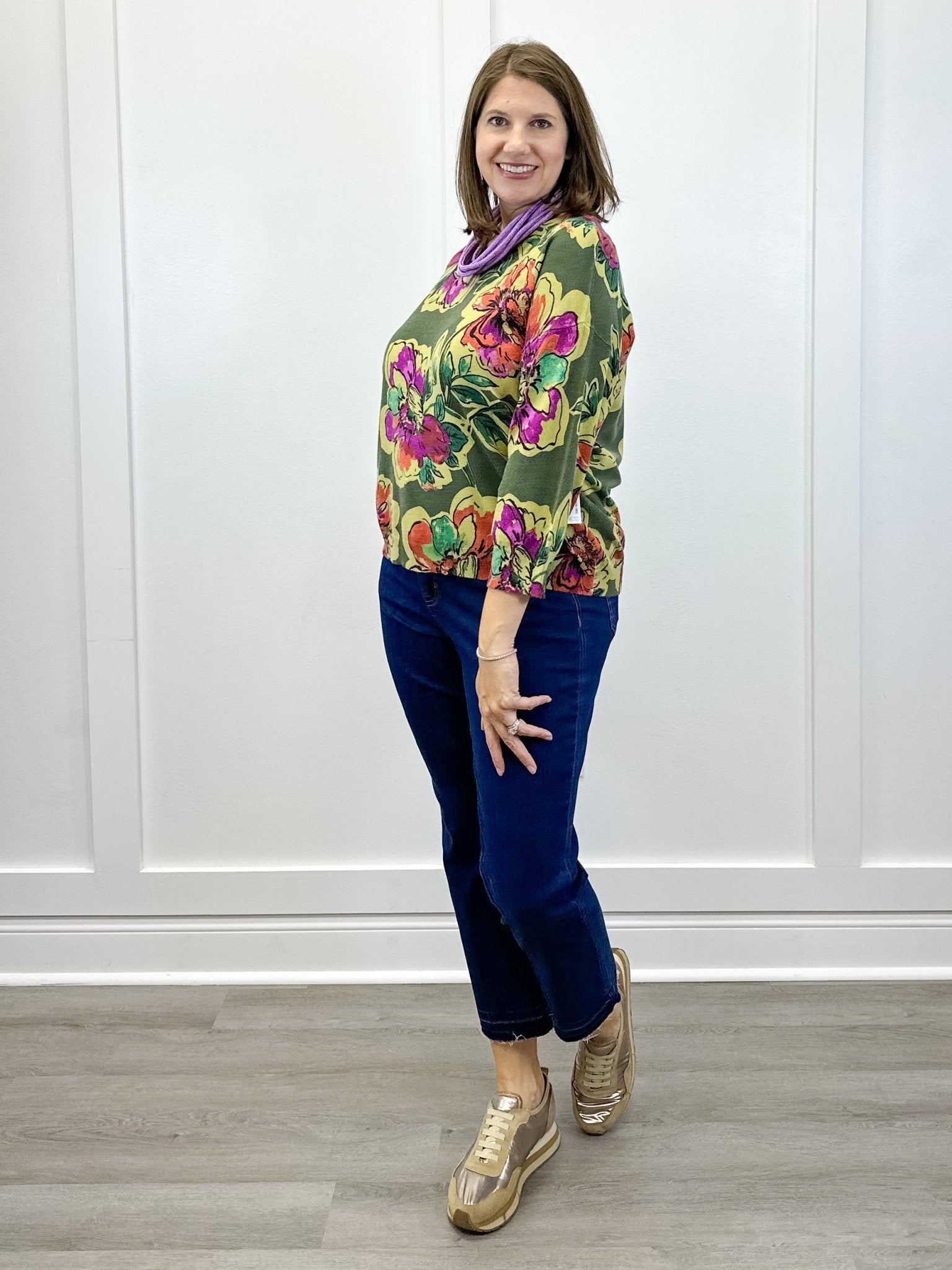 Soft Yarn Three Quarter Sleeve Crewneck Sweater - Chive Sweaters Tribal