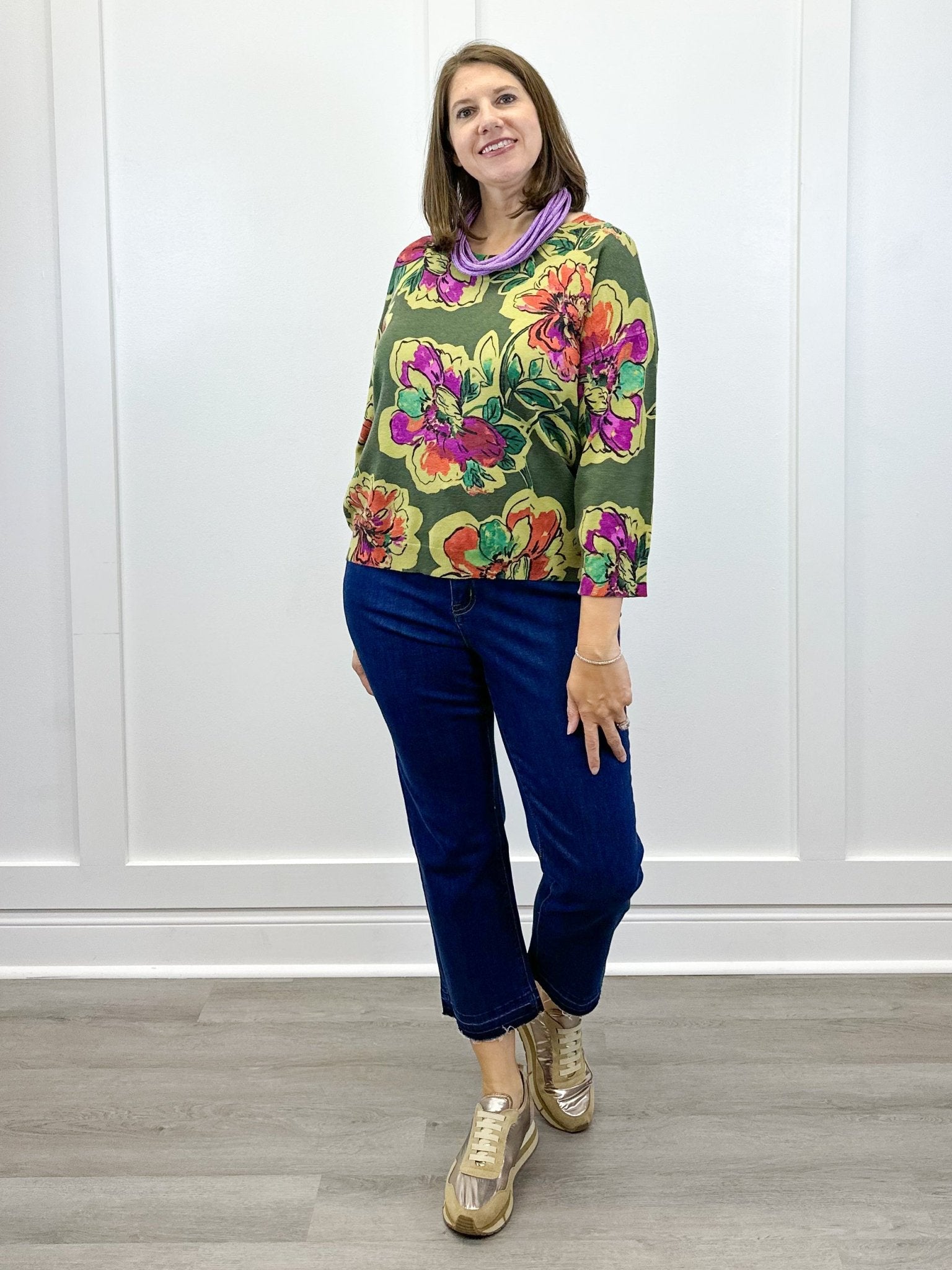 Soft Yarn Three Quarter Sleeve Crewneck Sweater - Chive Sweaters Tribal